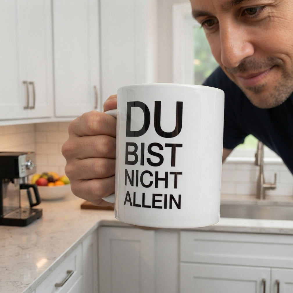 Weisse Tasse mit dem schwarzen Aufdruck Du bist nicht allein 