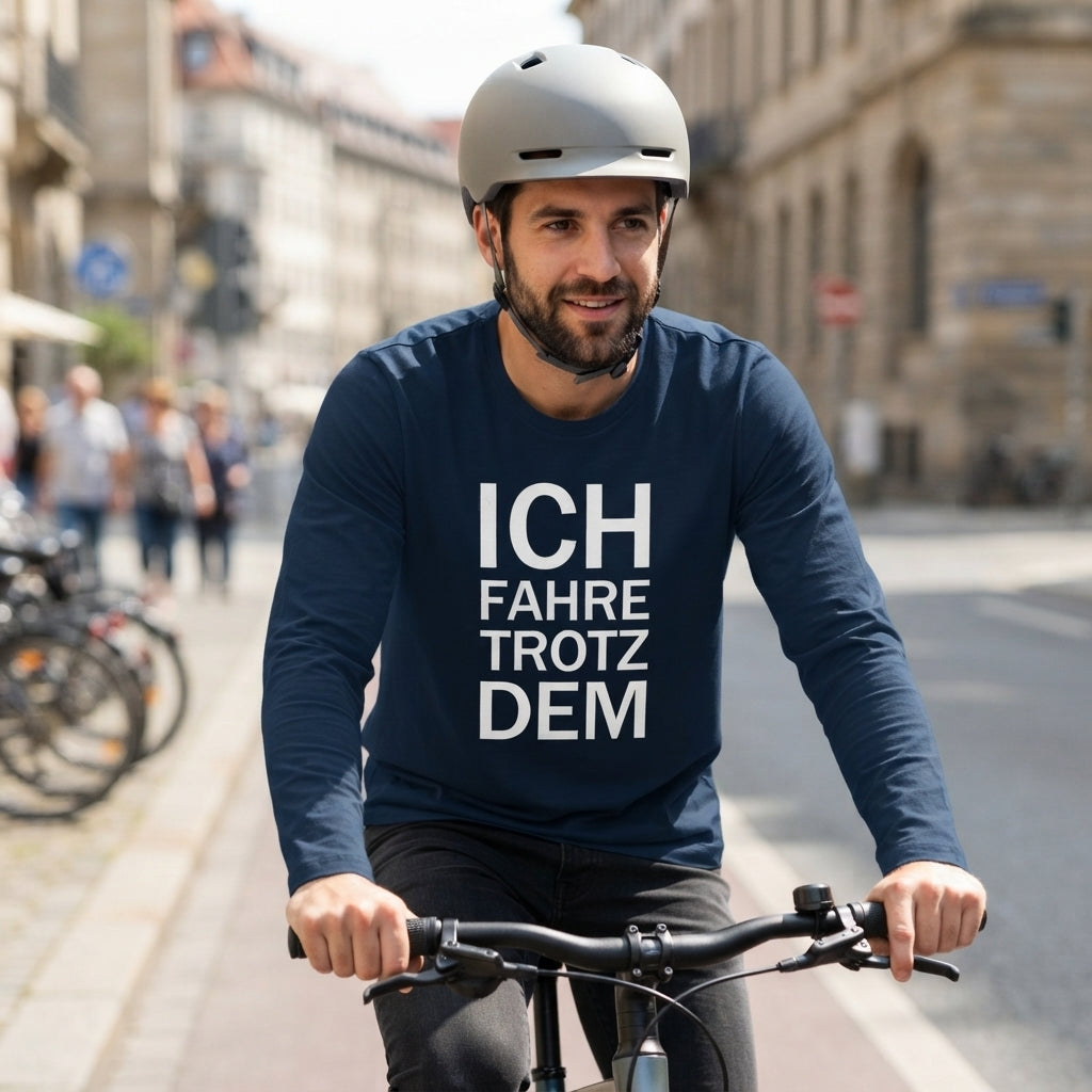 French Navy Organic-Longsleeve T-Shirt mit dem weissen Aufdruck Ich fahre trotzdem