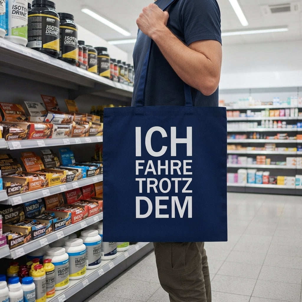 French Navy Organic-Cotton-Bag mit dem weissen Aufdruck Ich fahre trotzdem