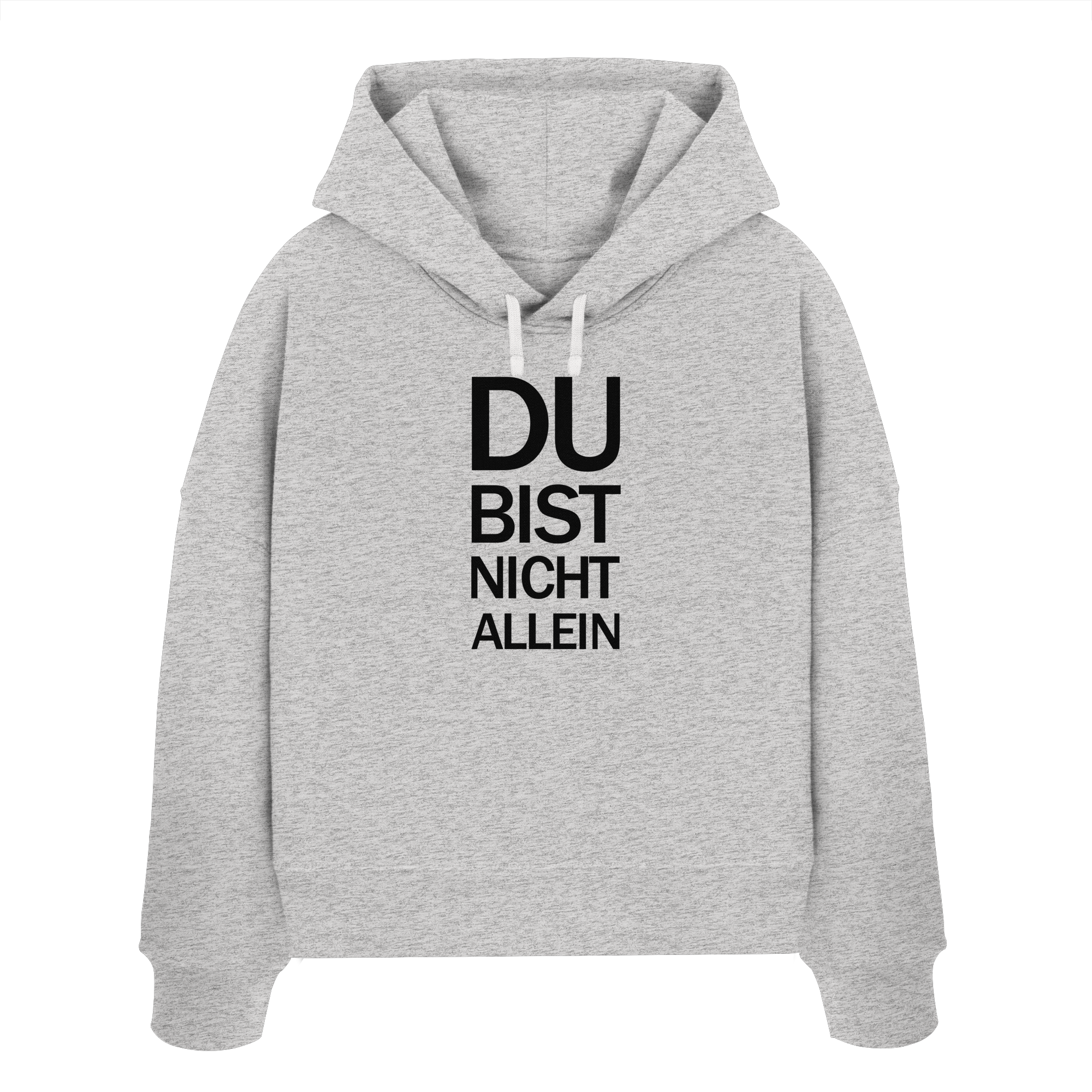 Cool Heather Grey Womens Organic Boxcut Hoodie mit dem schwarzen Aufdruck Du bist nicht allein