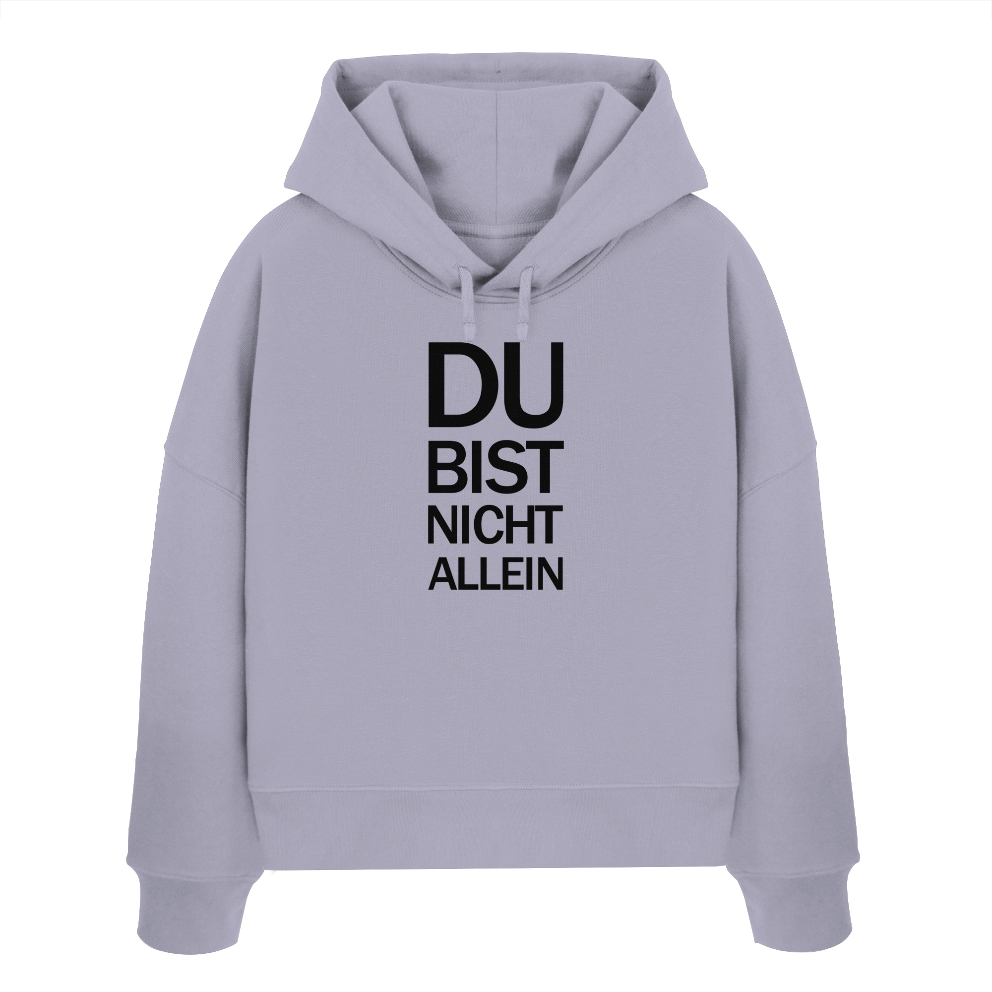 Lavender Womens Organic Boxcut Hoodie mit dem schwarzen Aufdruck Du bist nicht allein