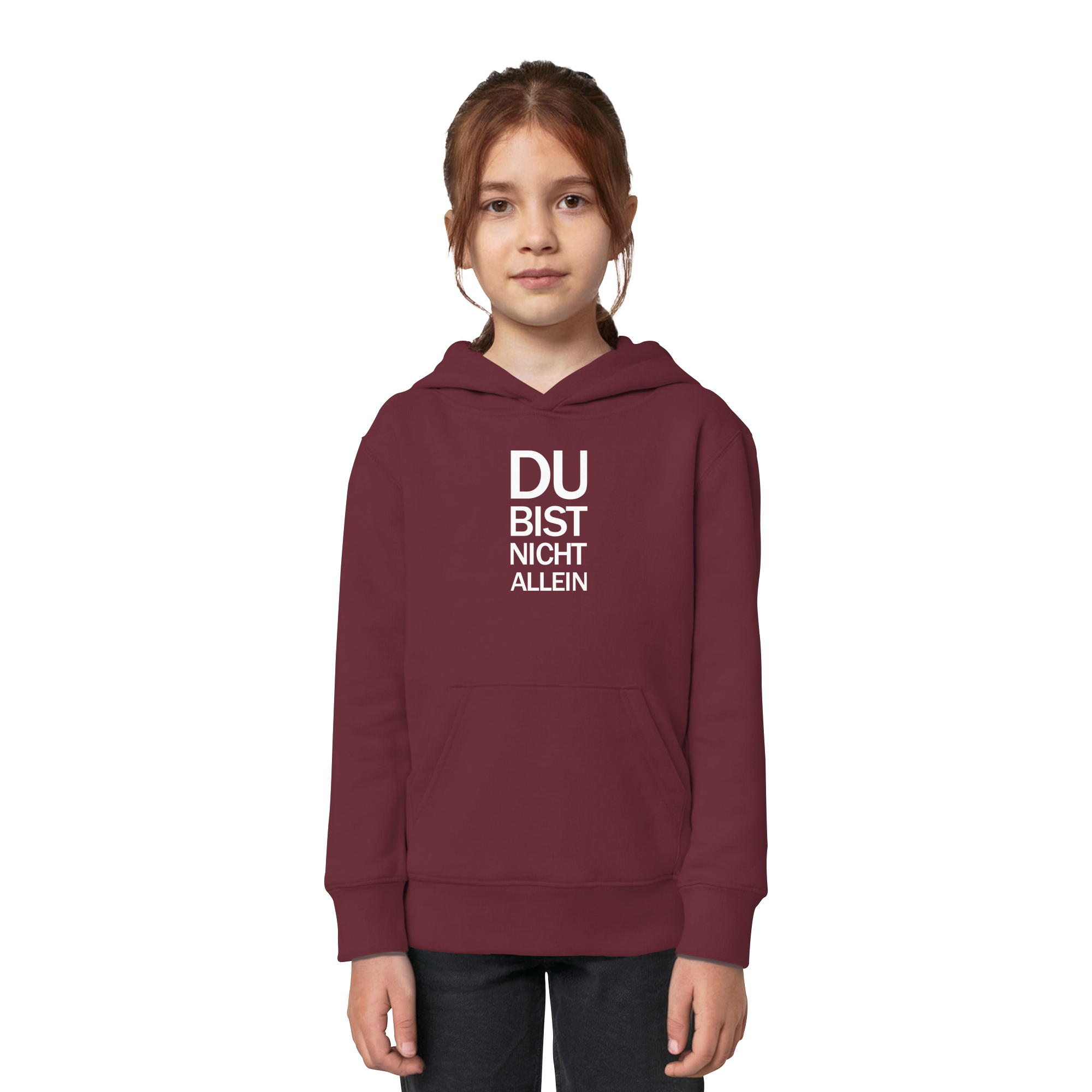 Burgundy Kids Organic Hoodie mit dem weissen Aufdruck Du bist nicht allein