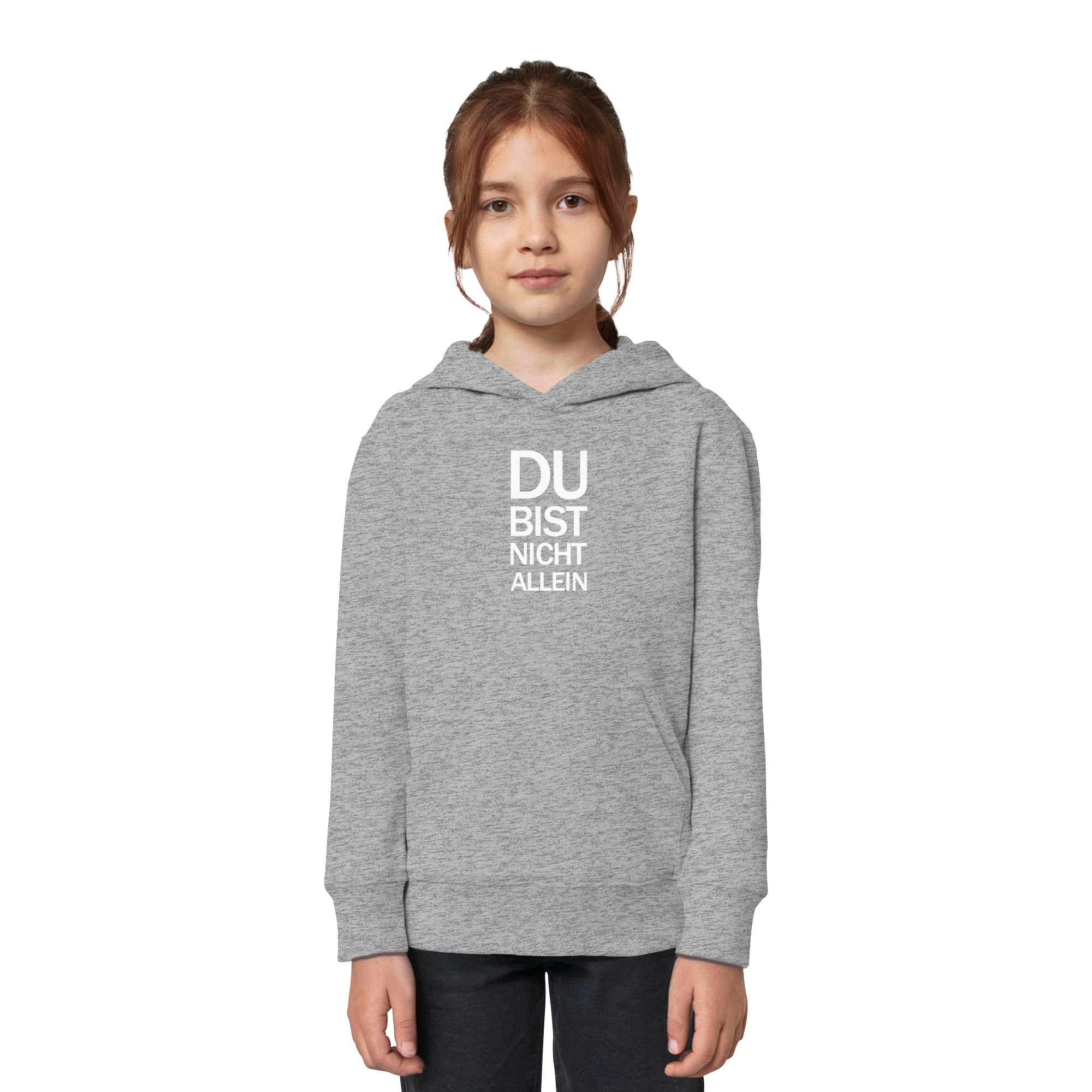 Heather Grey Kids Organic Hoodie mit dem weissen Aufdruck Du bist nicht allein