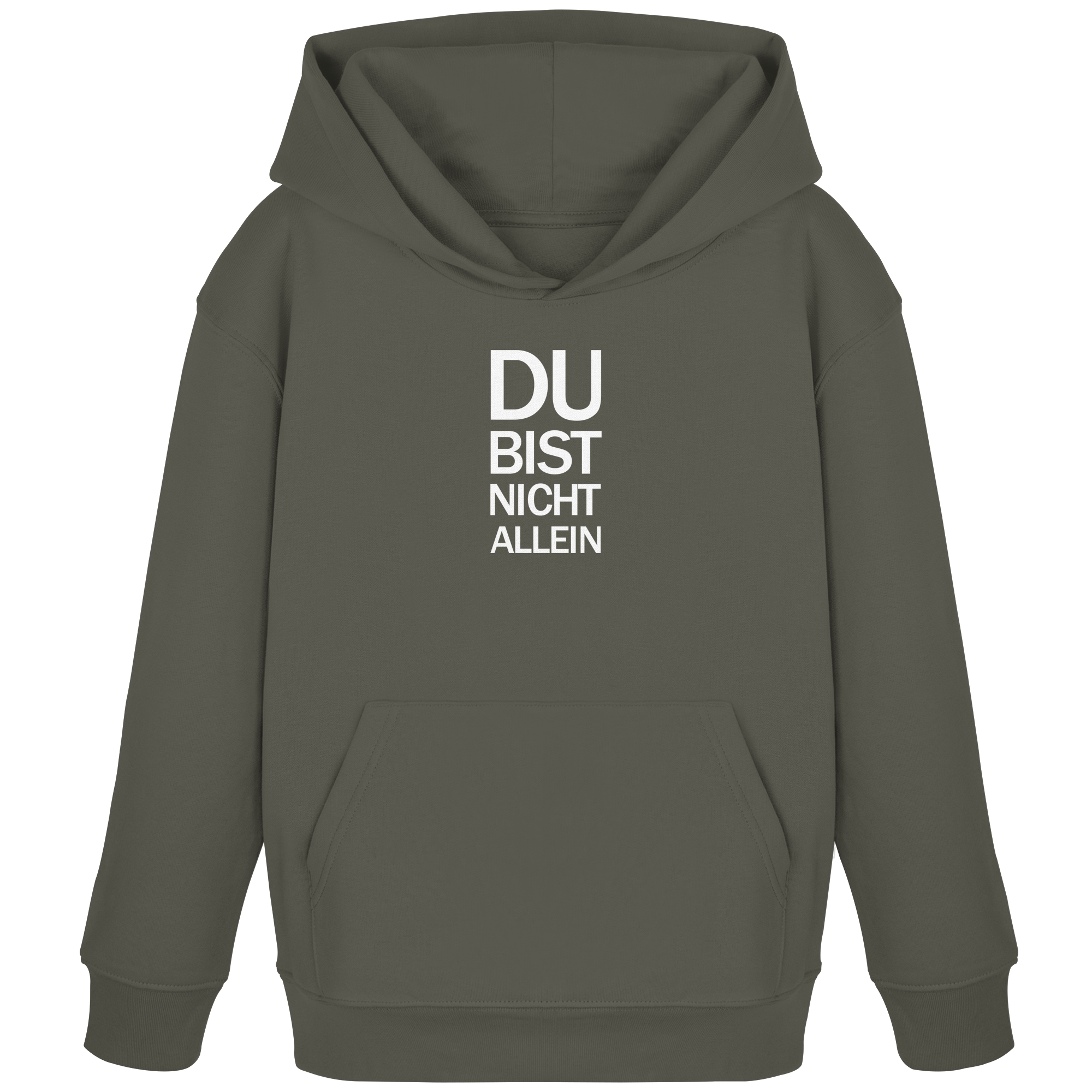 Khaki Kids Organic Hoodie mit dem weissen Aufdruck Du bist nicht allein