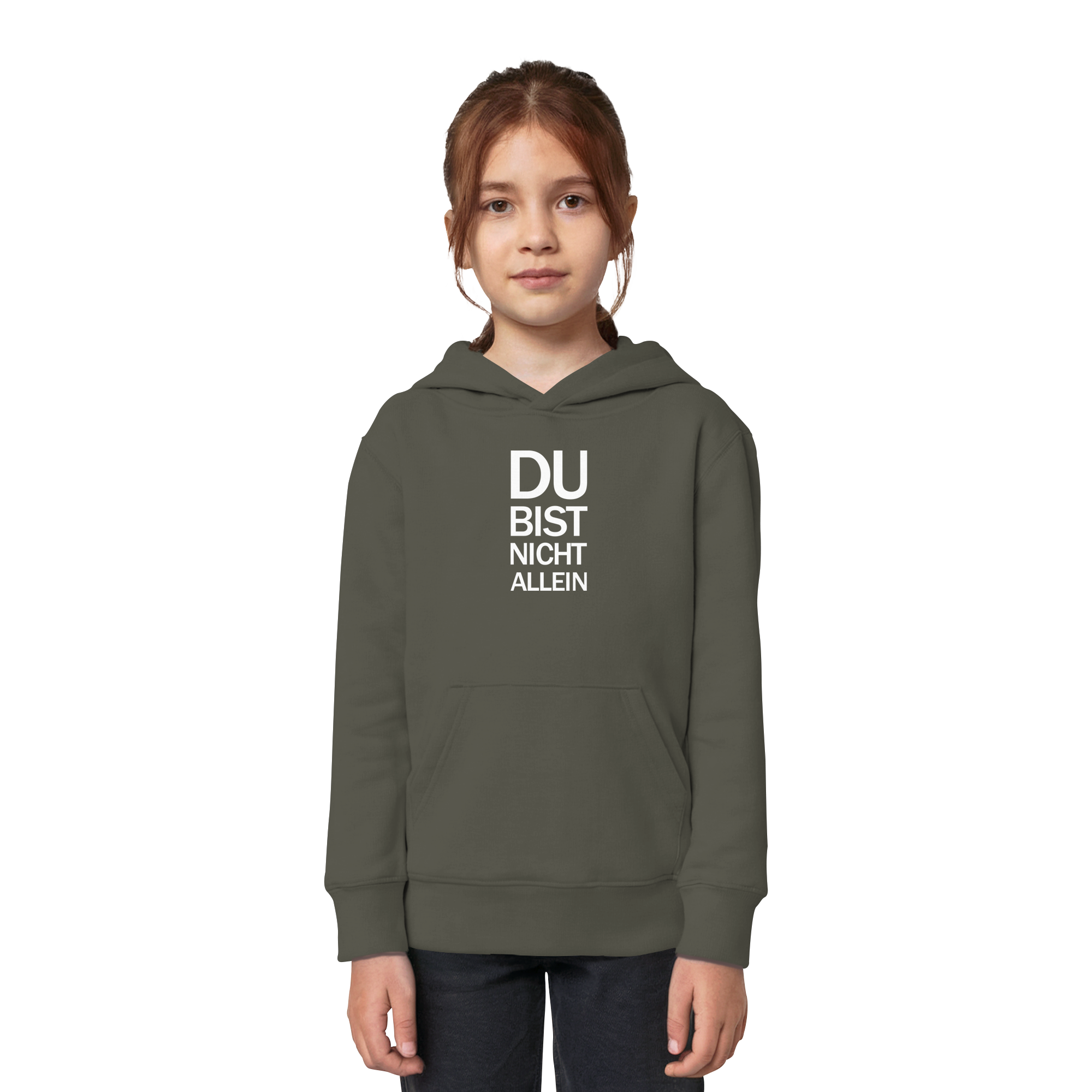 Khaki Kids Organic Hoodie mit dem weissen Aufdruck Du bist nicht allein