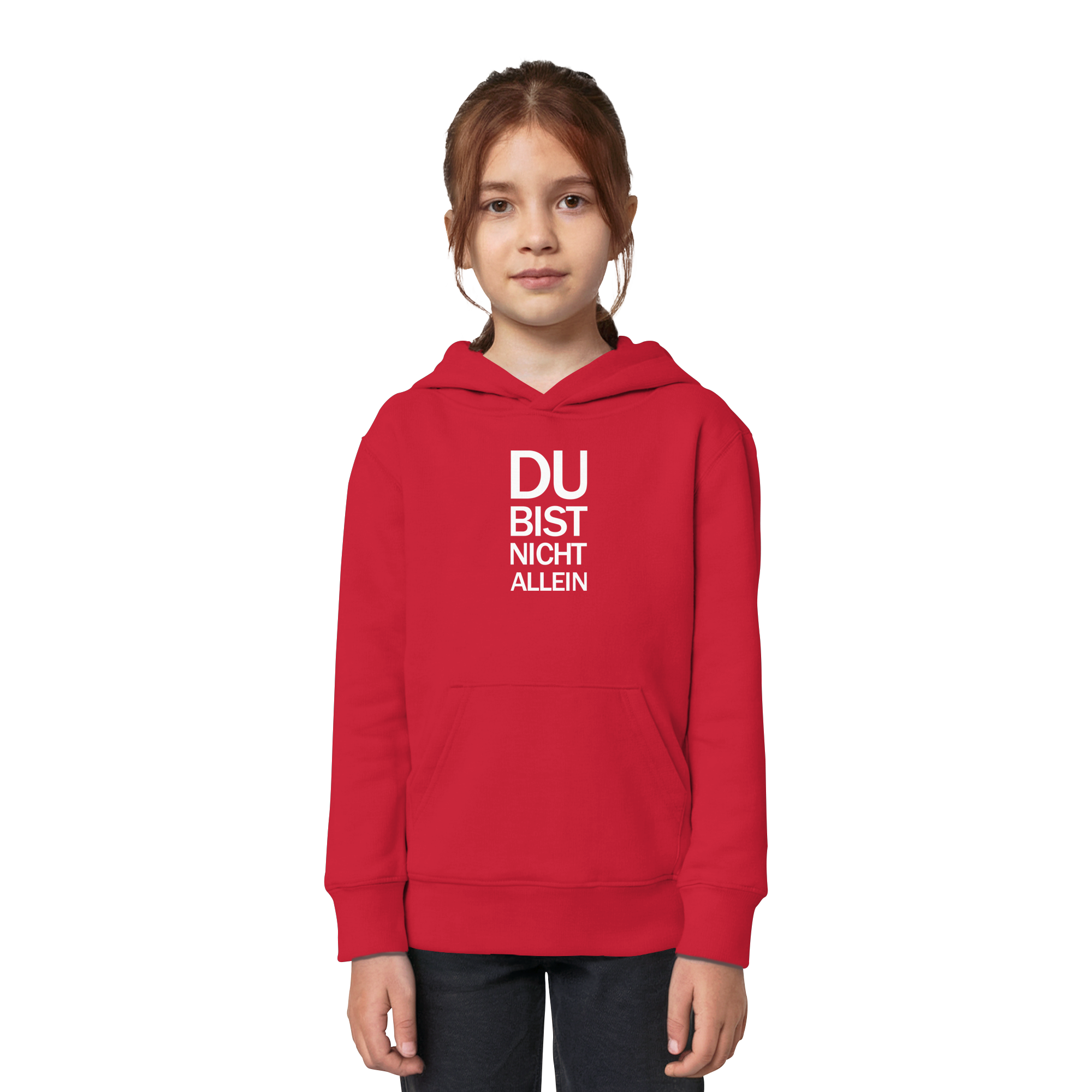 Red Kids Organic Hoodie mit dem weissen Aufdruck Du bist nicht allein