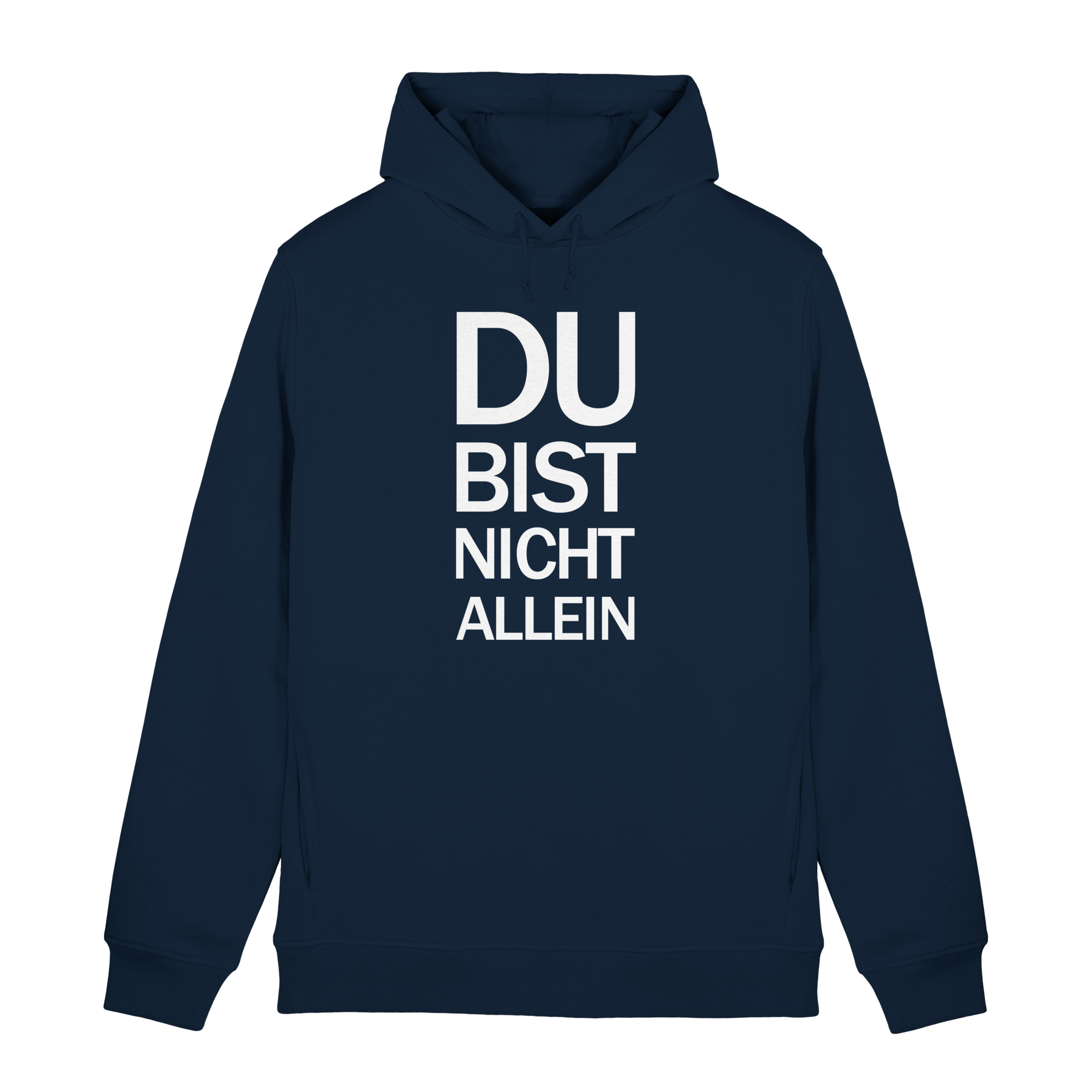 Navy Organic Hoodie B&C mit dem weissen Aufdruck Du bist nicht allein