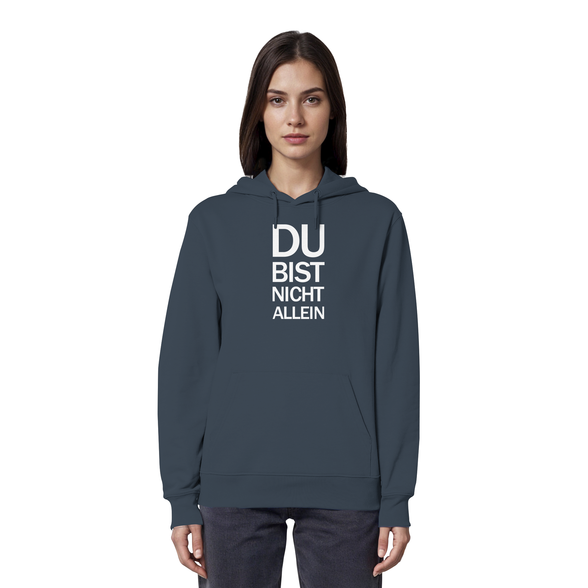 India Ink Grey Organic Hoodie mit dem weissen Aufdruck Du bist nicht allein