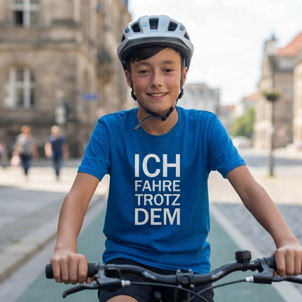 Royal Blue Kids Organic Shirt mit dem schwarzen Aufdruck Ich fahre trotzdem