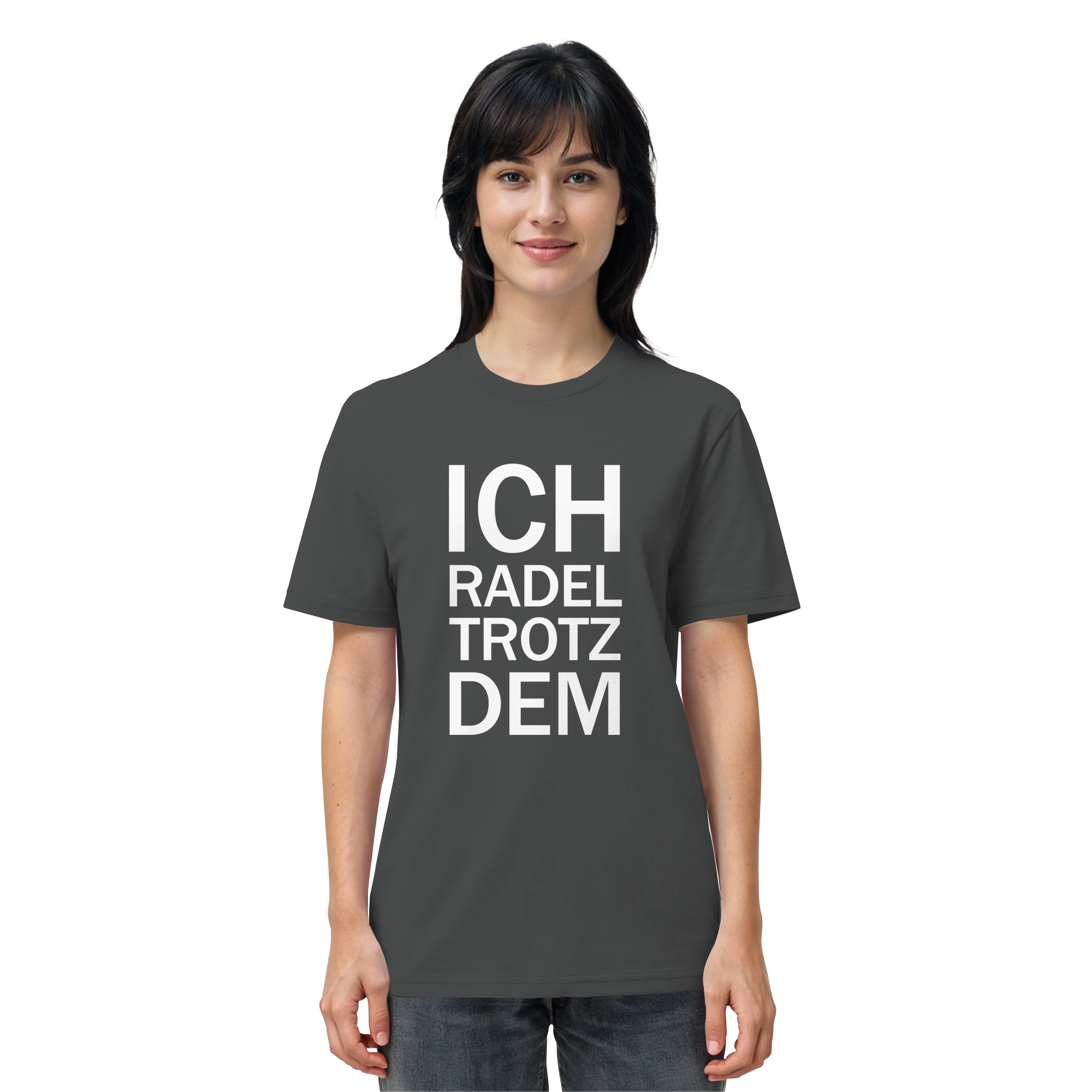 Anthracite Organic-Shirt mit dem weissen Aufdruck Ich radel trotzdem