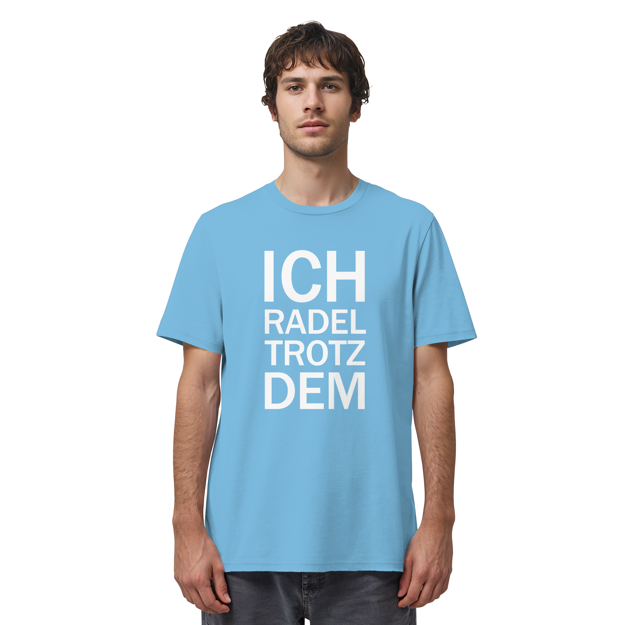 Aqua blue Organic-Shirt mit dem weissen Aufdruck Ich radel trotzdem