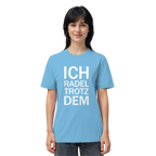 Aqua blue Organic-Shirt mit dem weissen Aufdruck Ich radel trotzdem