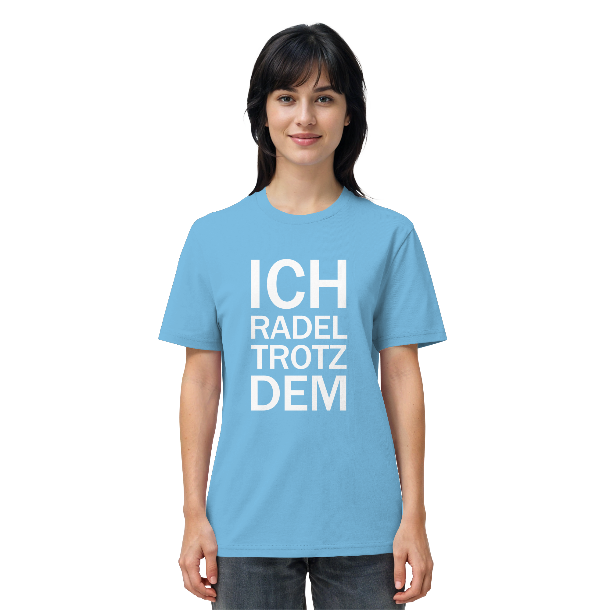 Aqua blue Organic-Shirt mit dem weissen Aufdruck Ich radel trotzdem