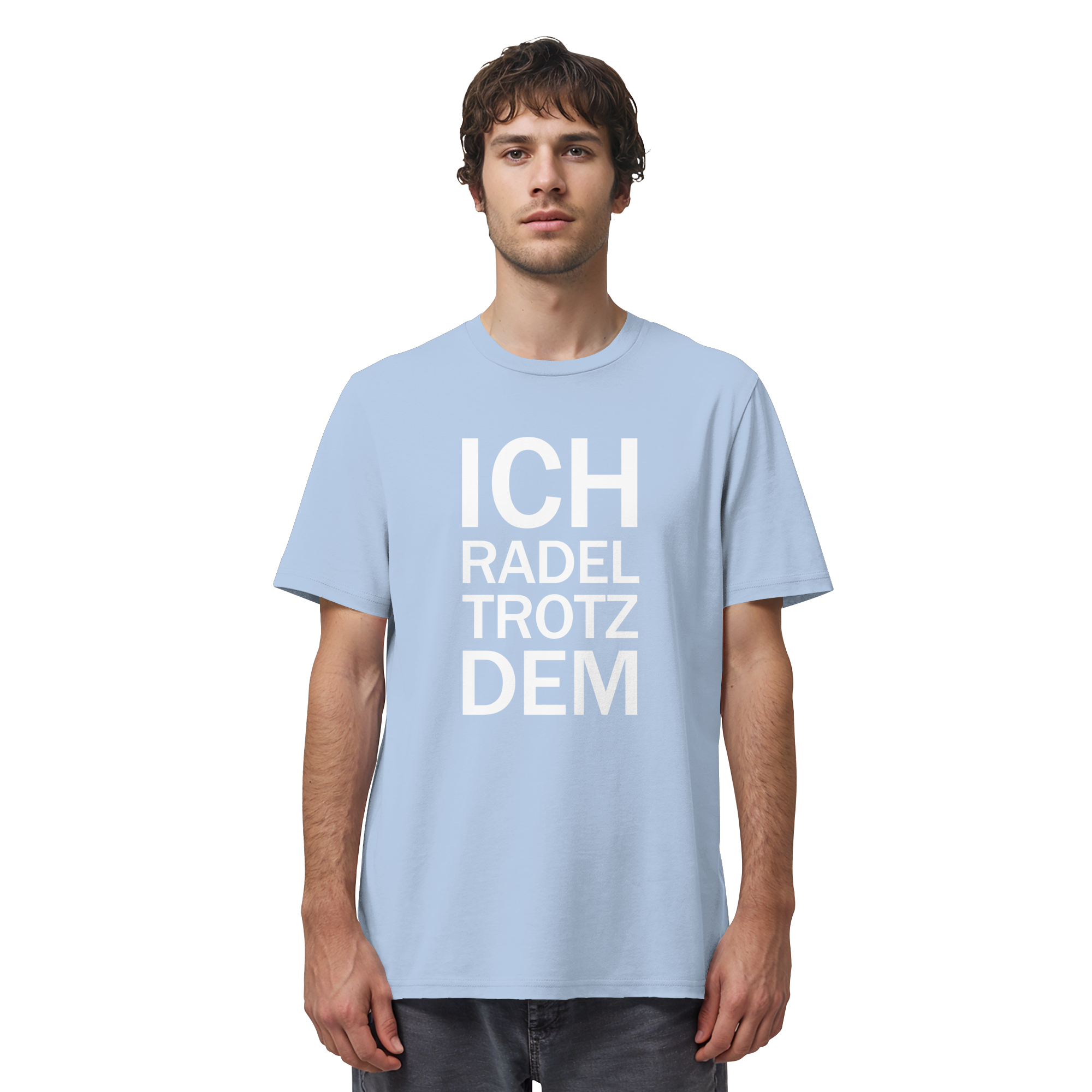 Blue Soul Organic-Shirt mit dem weissen Aufdruck Ich radel trotzdem
