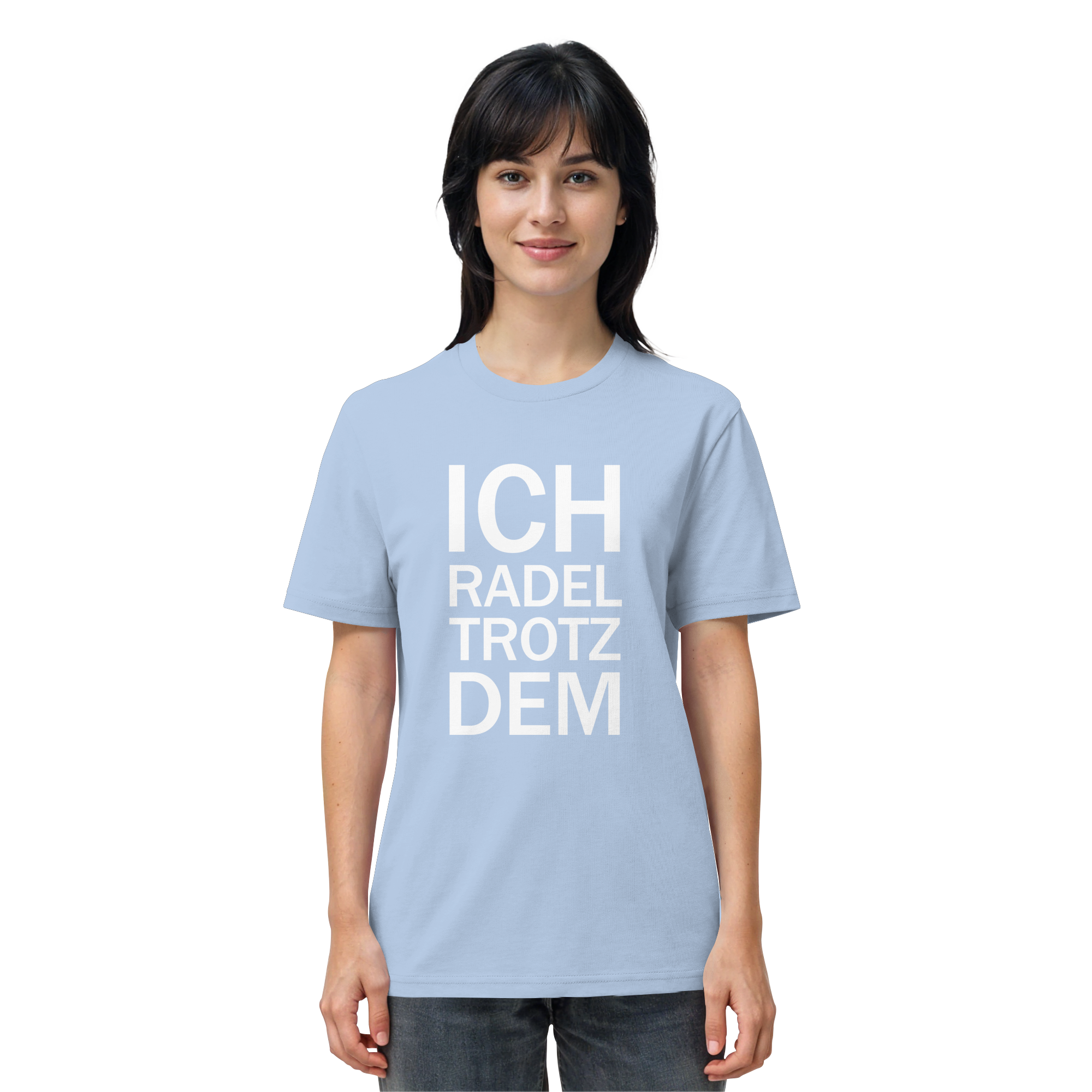 Blue Soul Organic-Shirt mit dem weissen Aufdruck Ich radel trotzdem