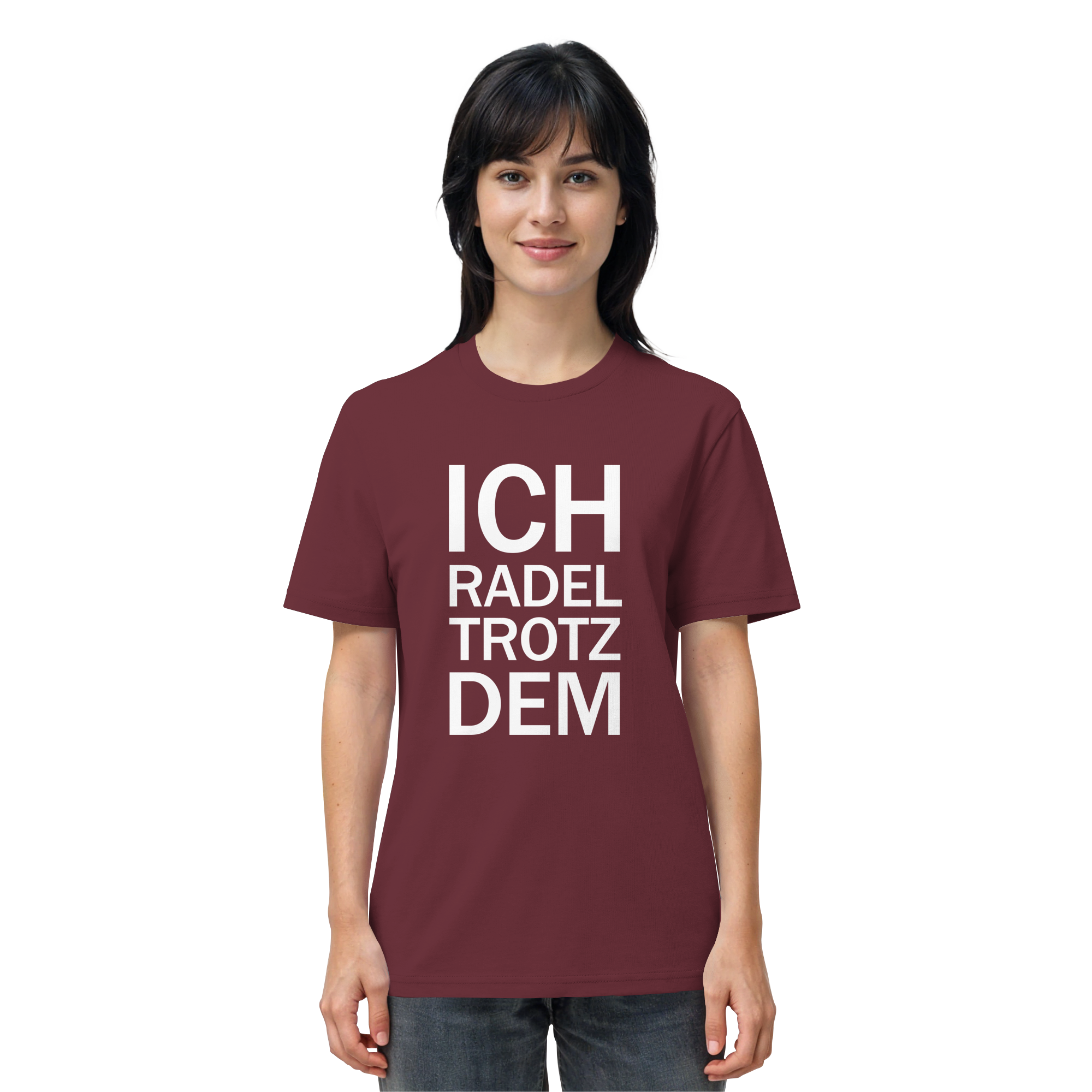 Burgundy Organic-Shirt mit dem weissen Aufdruck Ich radel trotzdem