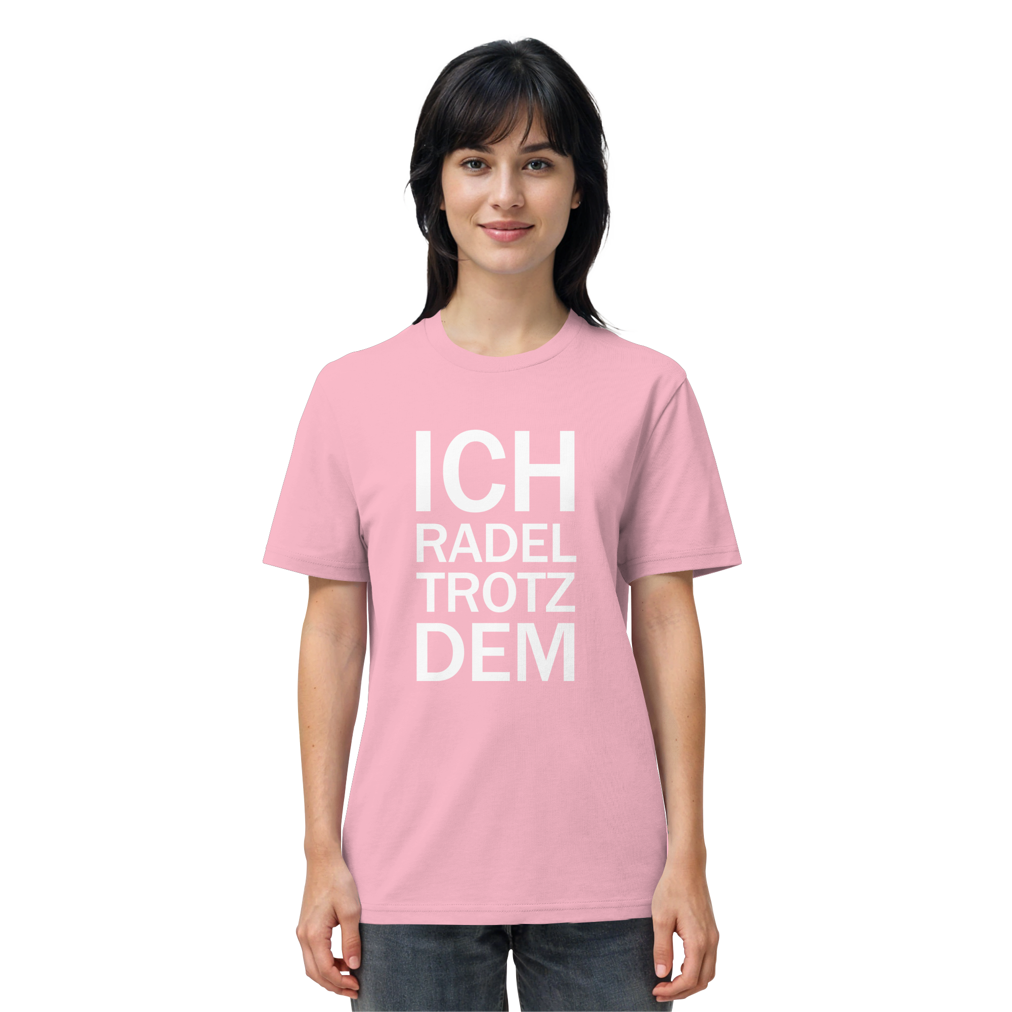Cotton Pink Organic-Shirt mit dem weissen Aufdruck Ich radel trotzdem
