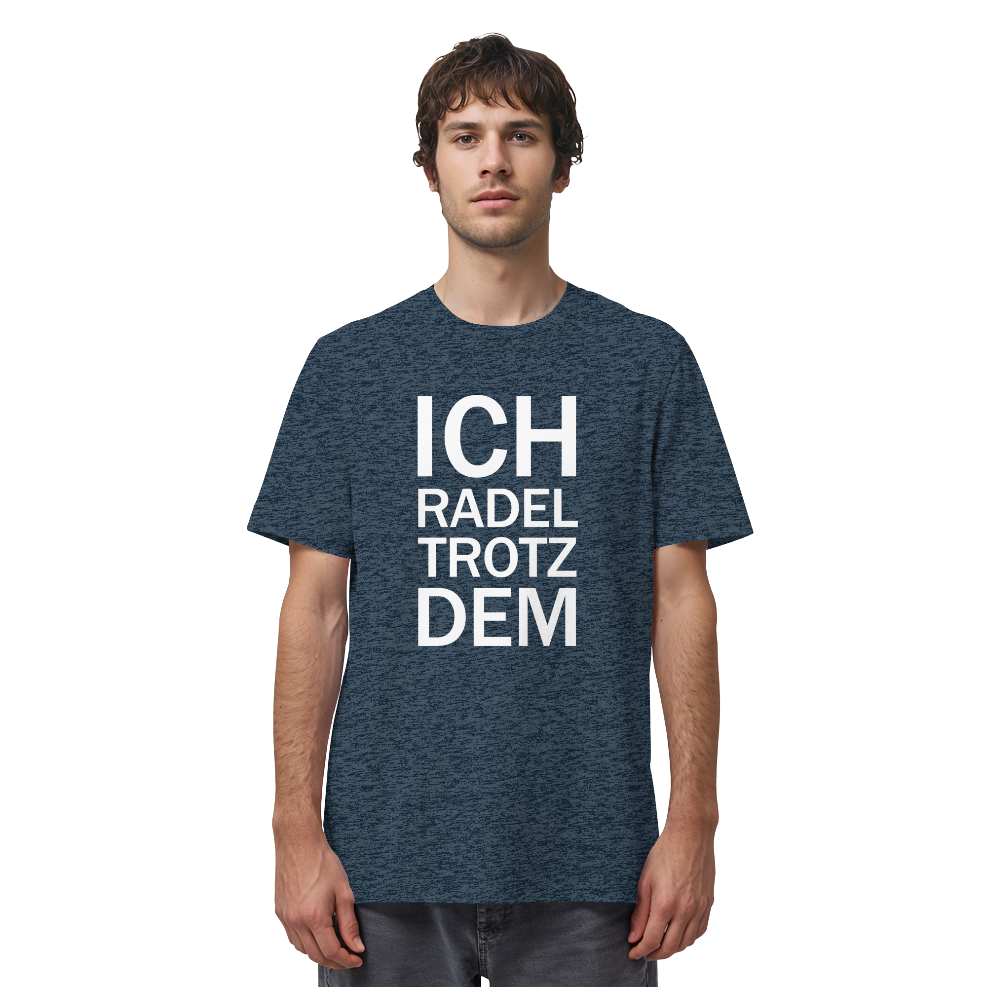 Dark Heather Blue Organic-Shirt mit dem weissen Aufdruck Ich radel trotzdem