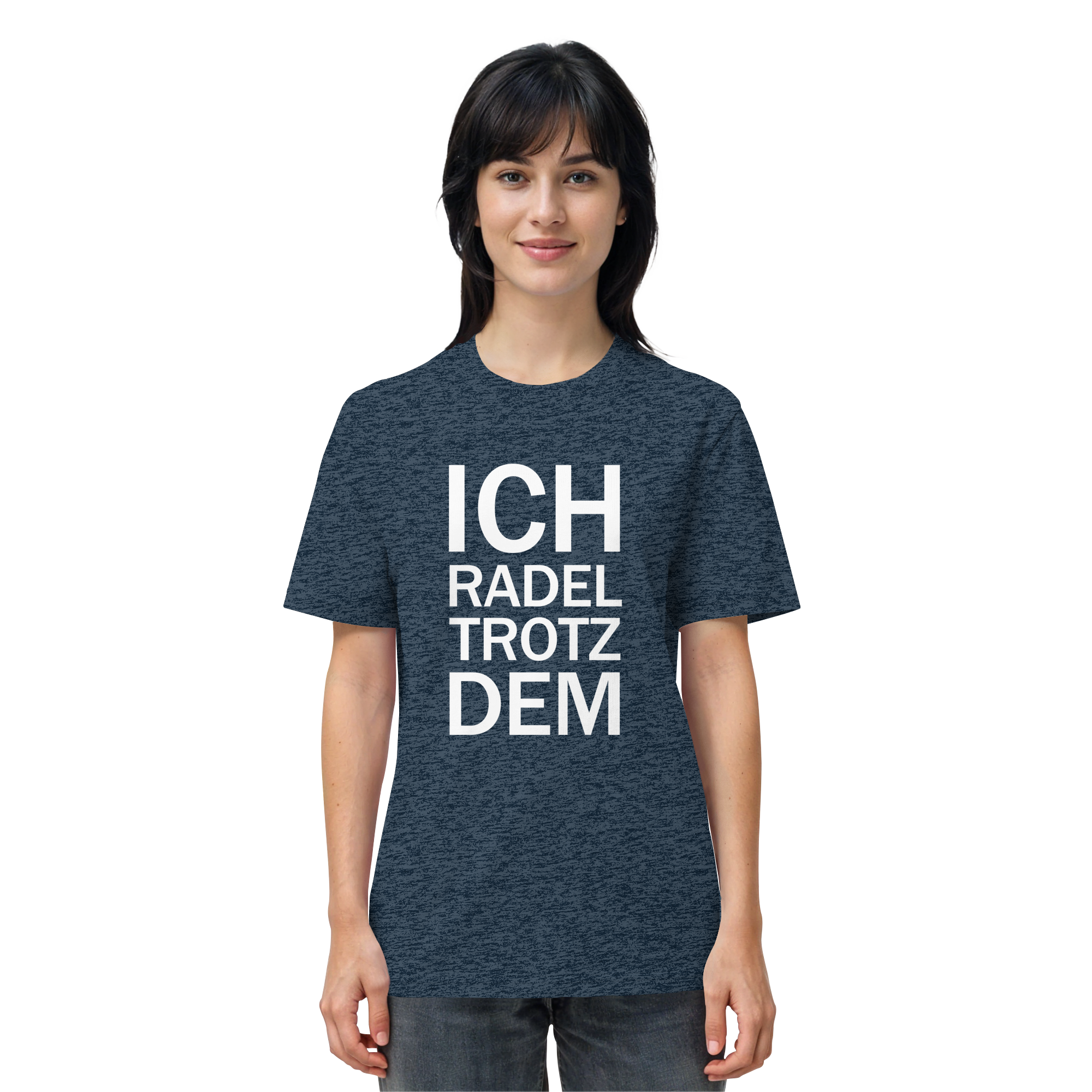 Dark Heather Blue Organic-Shirt mit dem weissen Aufdruck Ich radel trotzdem