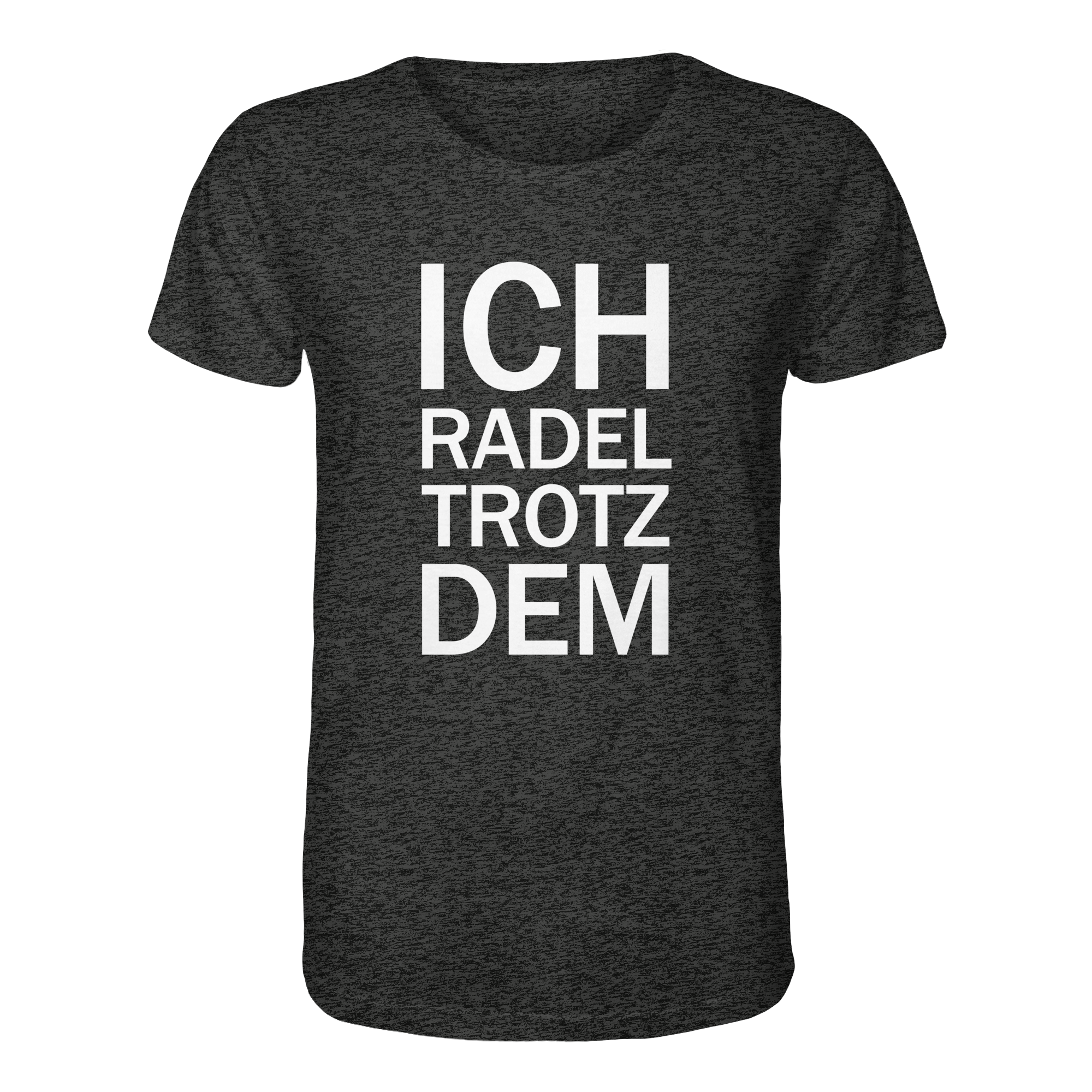 Dark Heather Grey Organic-Shirt mit dem weissen Aufdruck Ich radel trotzdem