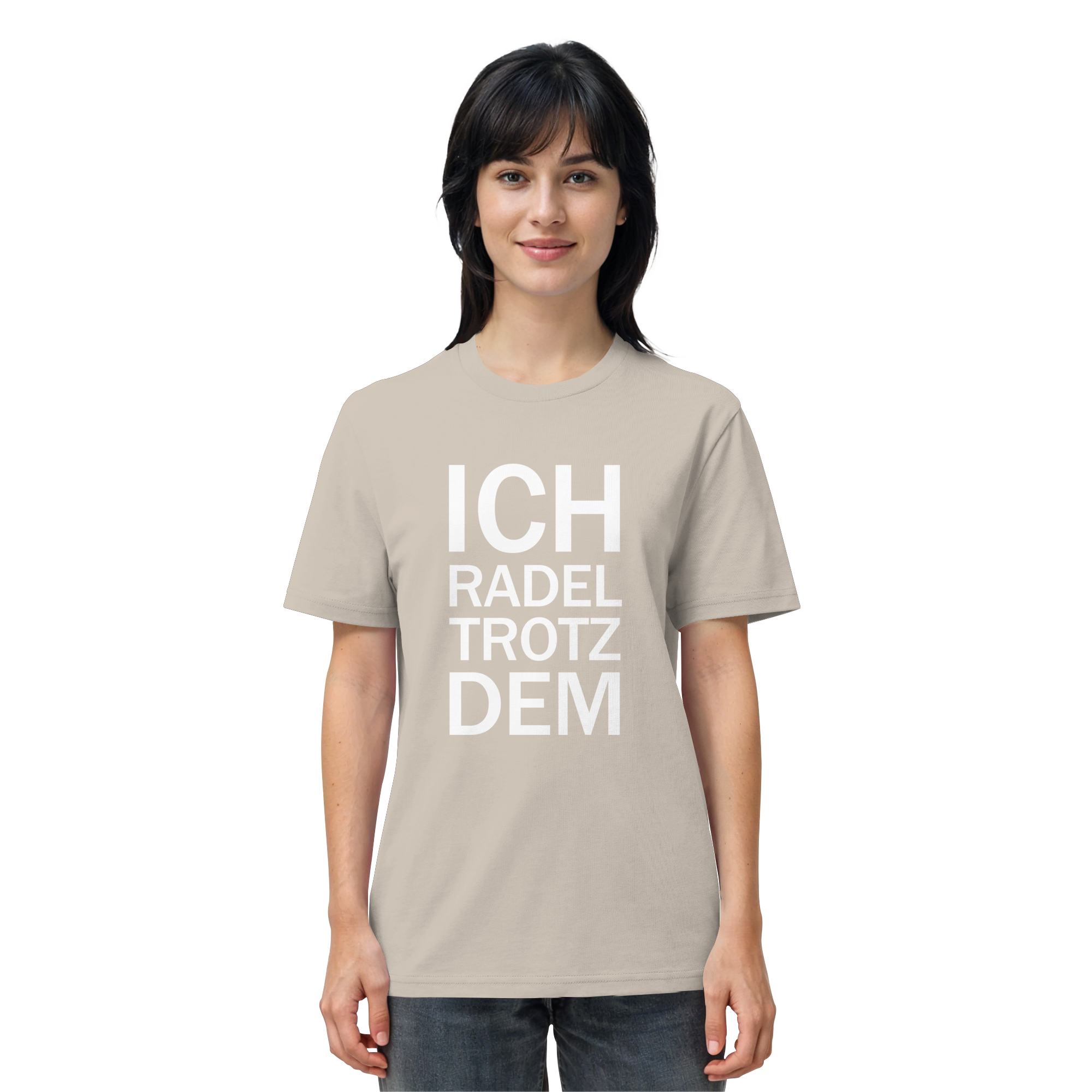 Desert Dust Organic-Shirt mit dem weissen Aufdruck Ich radel trotzdem