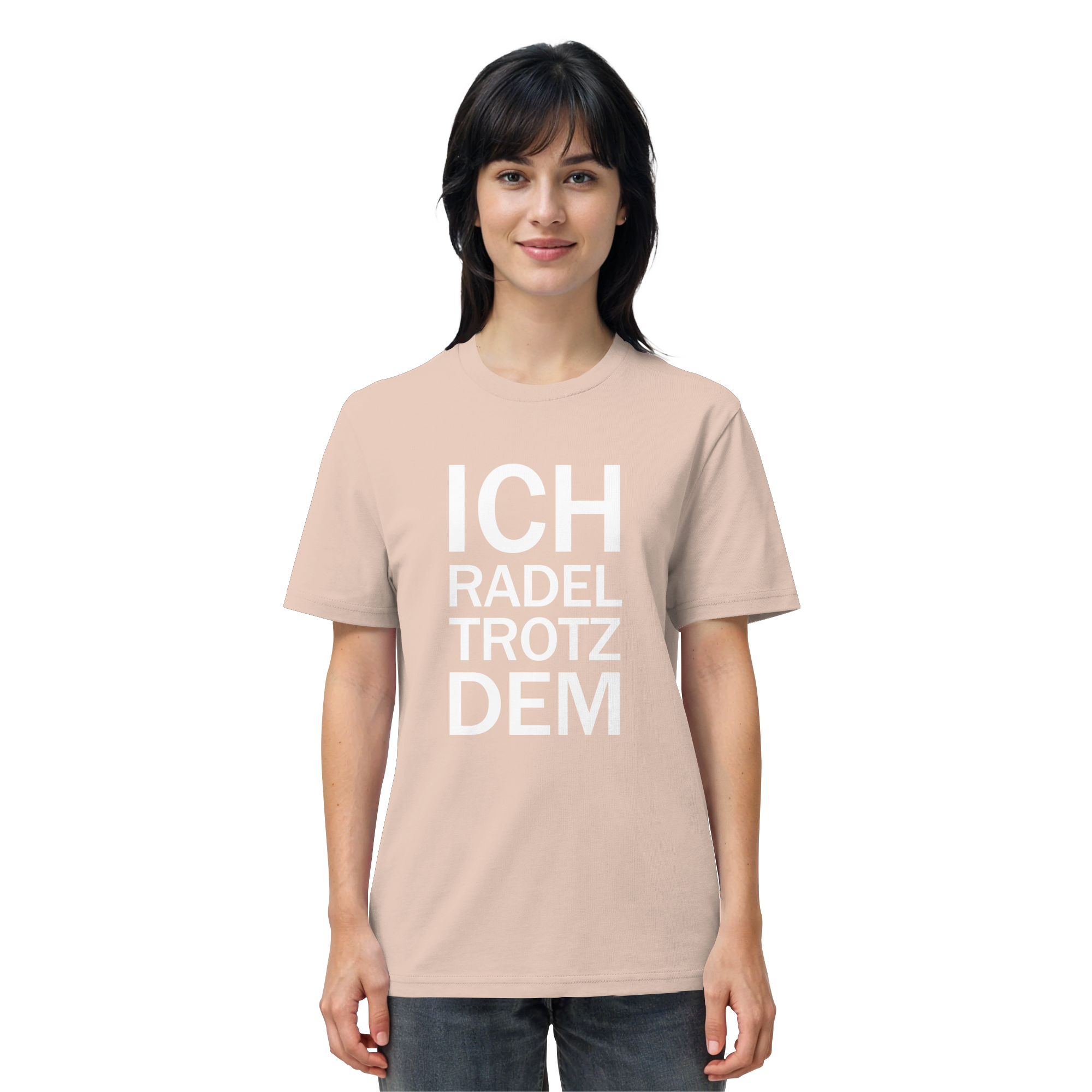 Fraiche Peche Organic-Shirt mit dem weissen Aufdruck Ich radel trotzdem