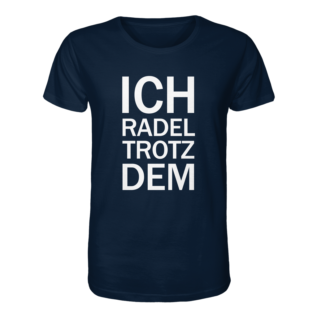 French Navy Organic-Shirt mit dem weissen Aufdruck Ich radel trotzdem