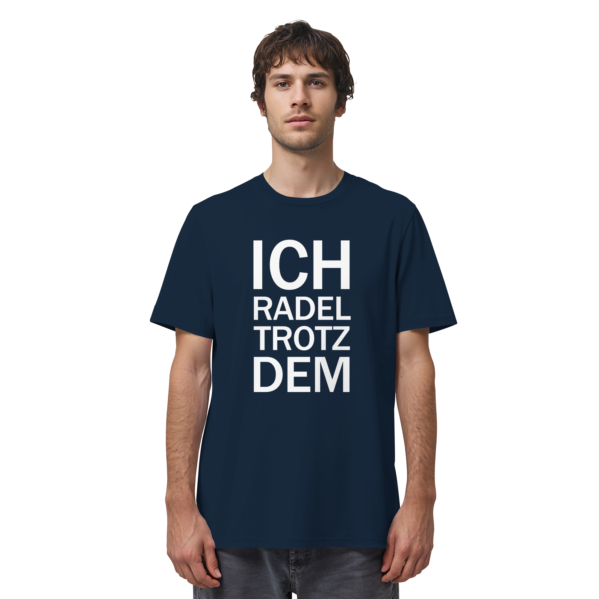 French Navy Organic-Shirt mit dem weissen Aufdruck Ich radel trotzdem