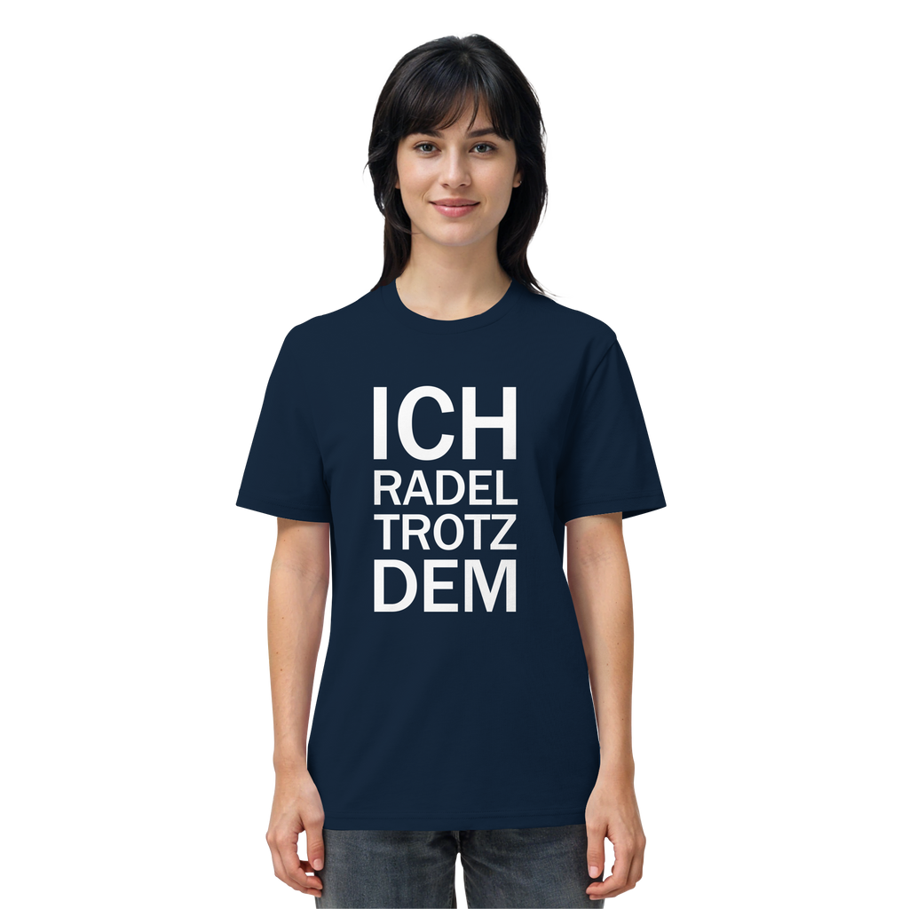 French Navy Organic-Shirt mit dem weissen Aufdruck Ich radel trotzdem