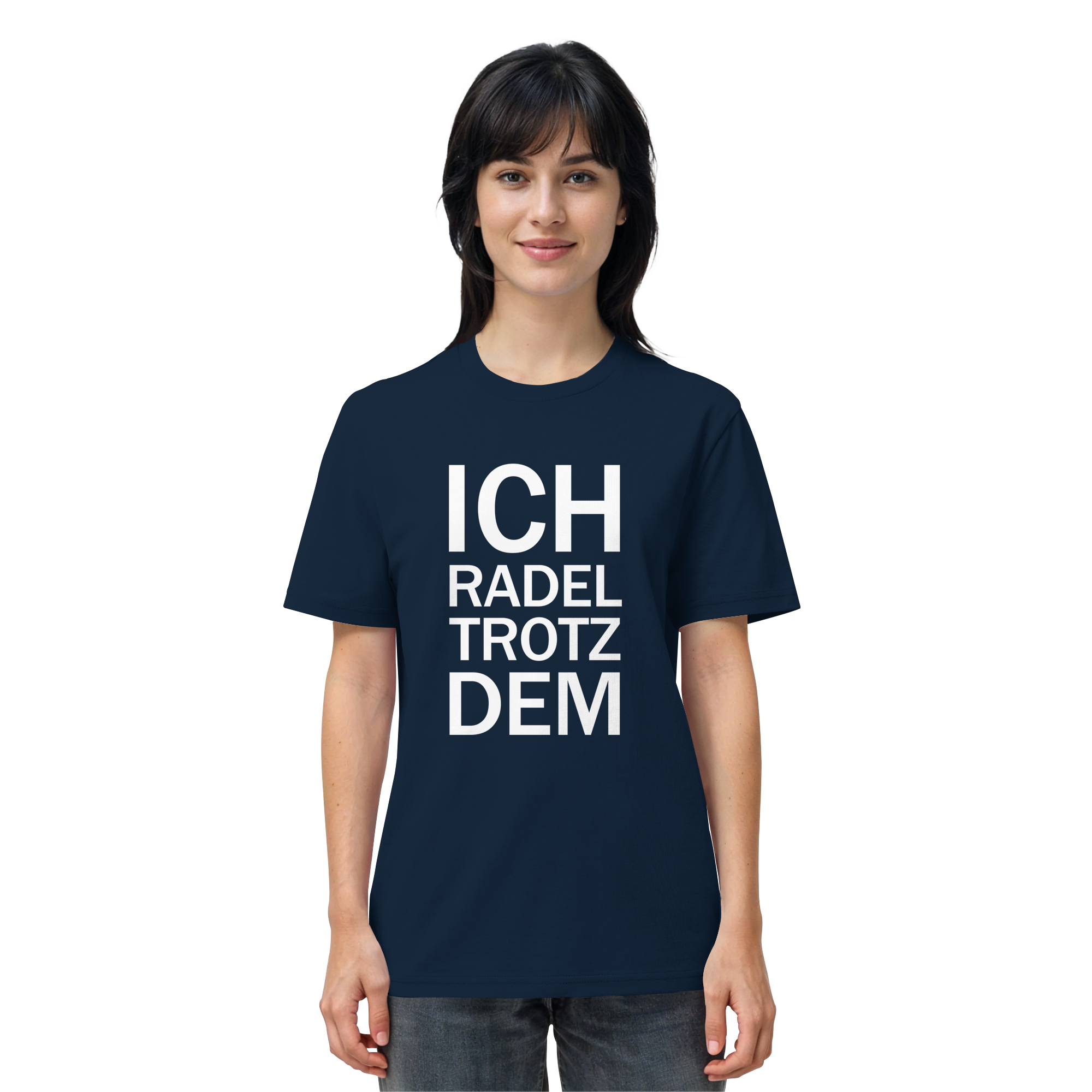 French Navy Organic-Shirt mit dem weissen Aufdruck Ich radel trotzdem