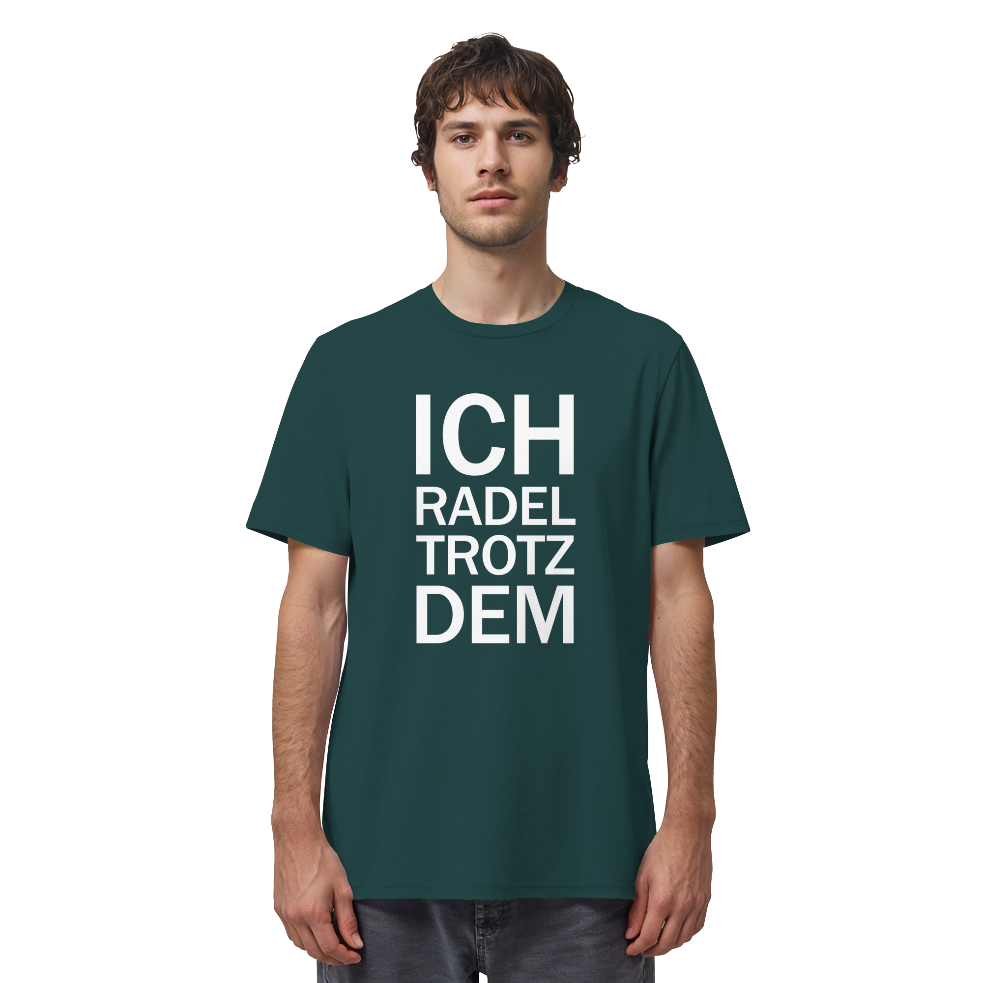 Glazed Green Organic-Shirt mit dem weissen Aufdruck Ich radel trotzdem