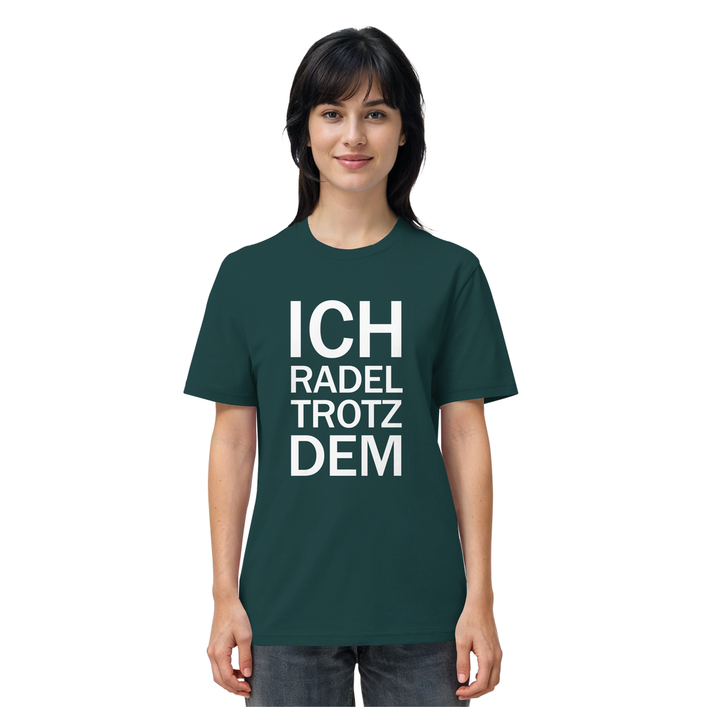 Glazed Green Organic-Shirt mit dem weissen Aufdruck Ich radel trotzdem