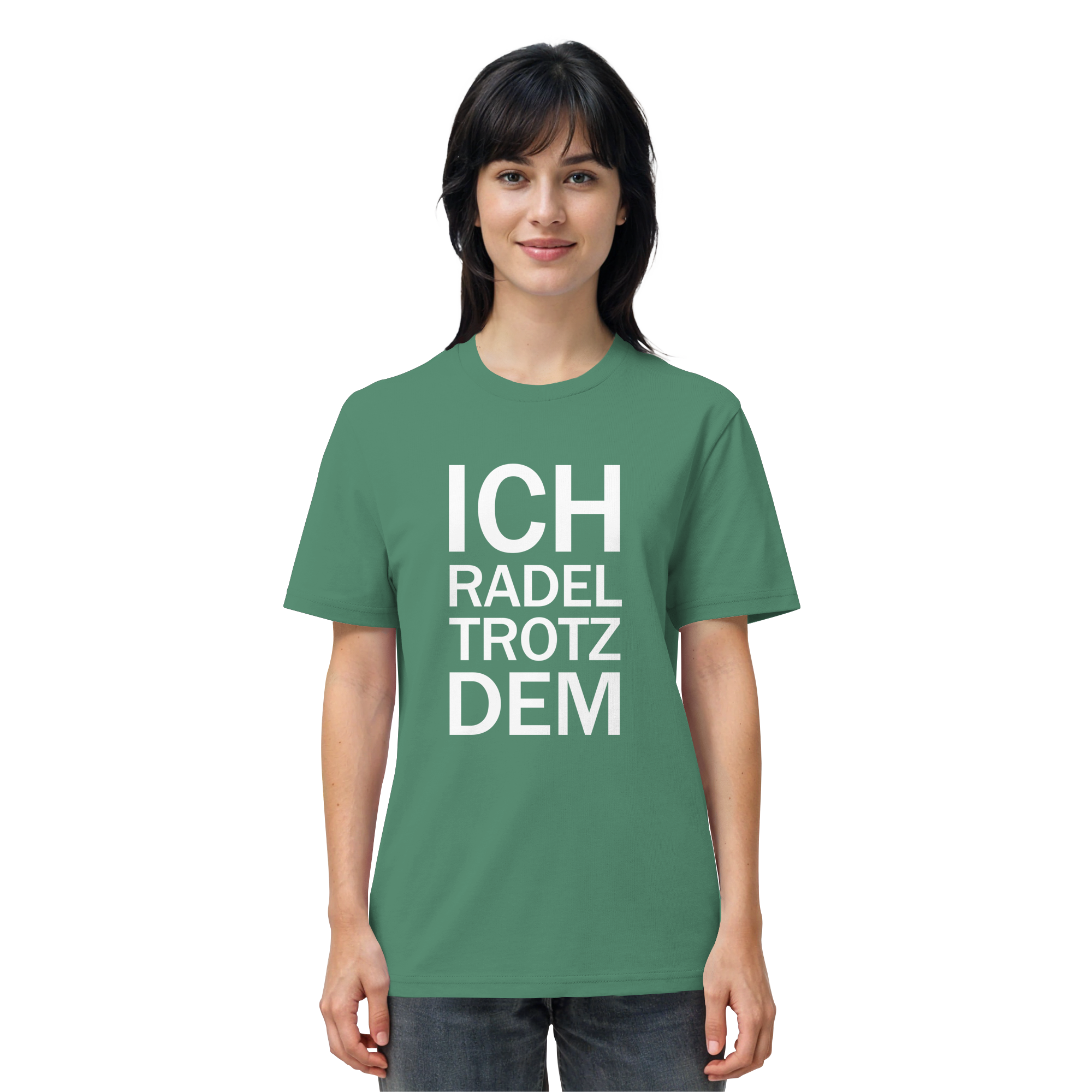 Green Bay Organic-Shirt mit dem weissen Aufdruck Ich radel trotzdem