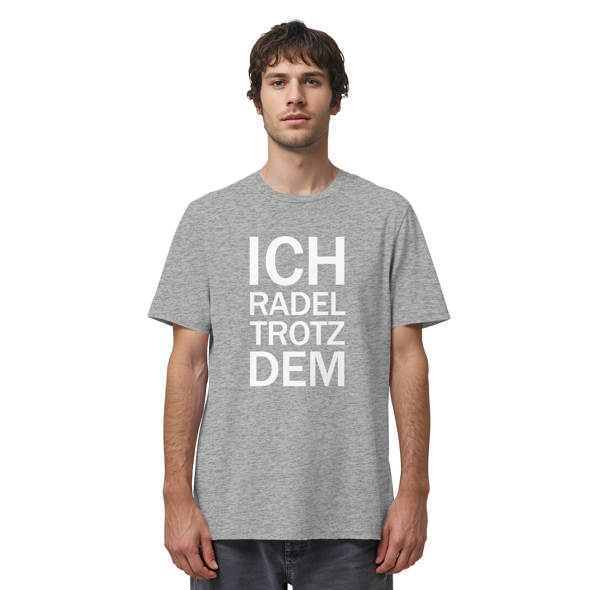 Heather Grey Organic-Shirt mit dem weissen Aufdruck Ich radel trotzdem
