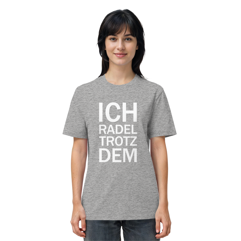 Heather Grey Organic-Shirt mit dem weissen Aufdruck Ich radel trotzdem