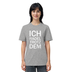Heather Grey Organic-Shirt mit dem weissen Aufdruck Ich radel trotzdem