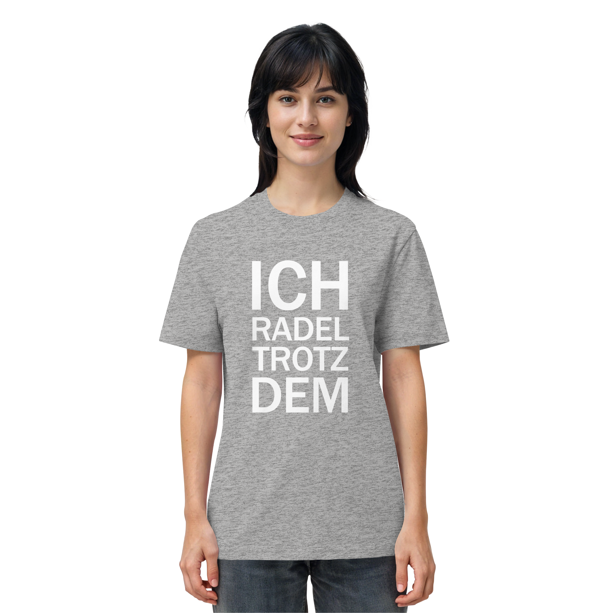 Heather Grey Organic-Shirt mit dem weissen Aufdruck Ich radel trotzdem