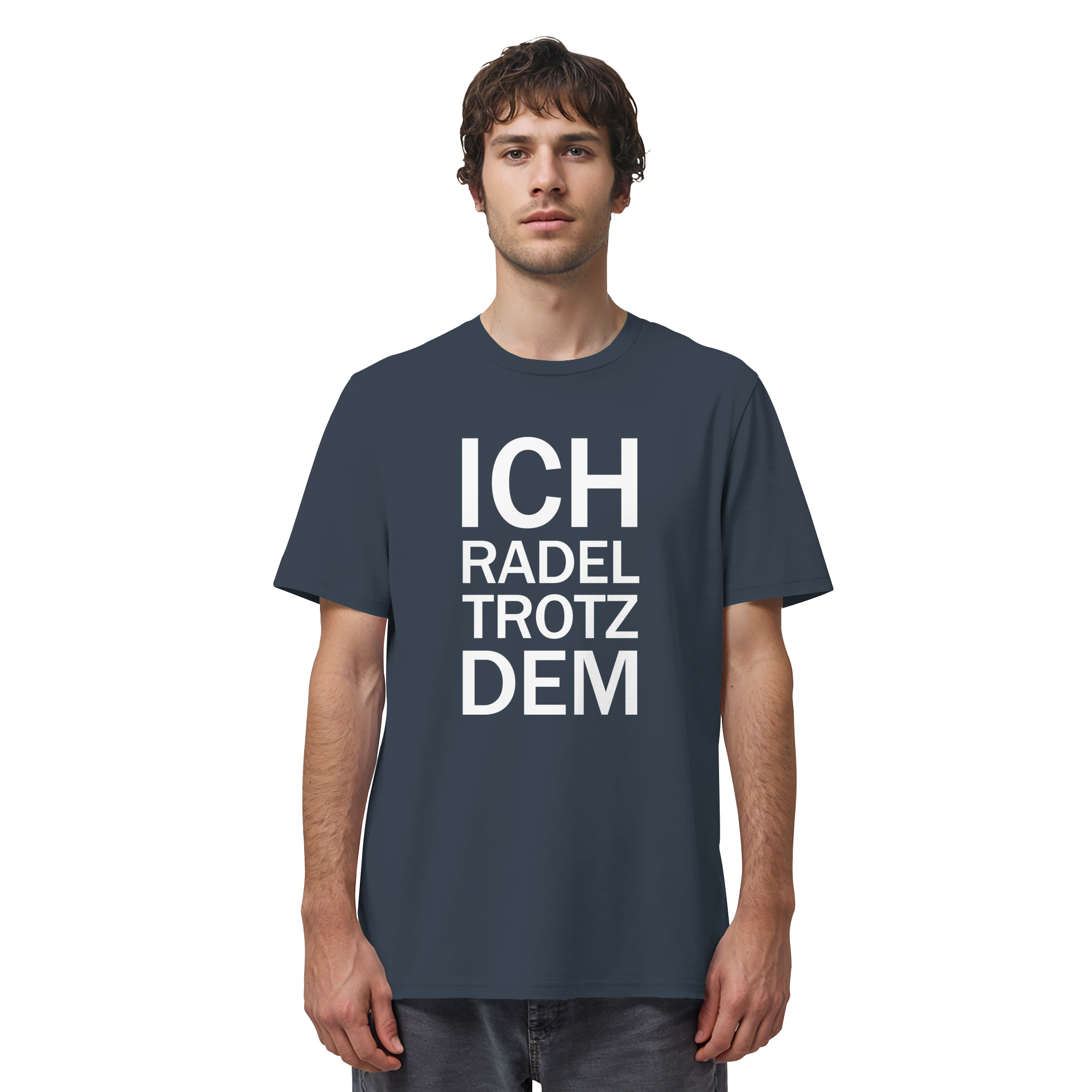 India Ink Grey Organic-Shirt mit dem weissen Aufdruck Ich radel trotzdem
