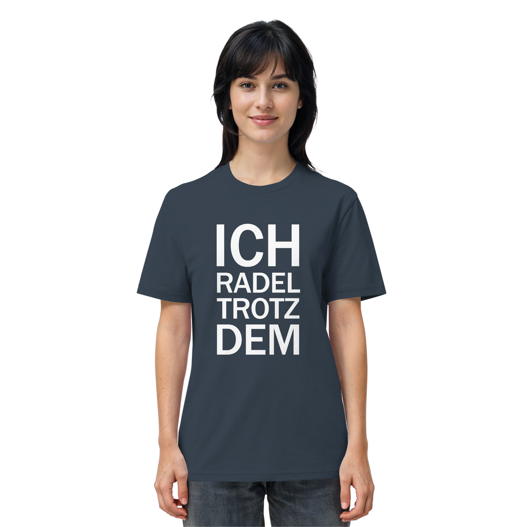 India Ink Grey Organic-Shirt mit dem weissen Aufdruck Ich radel trotzdem