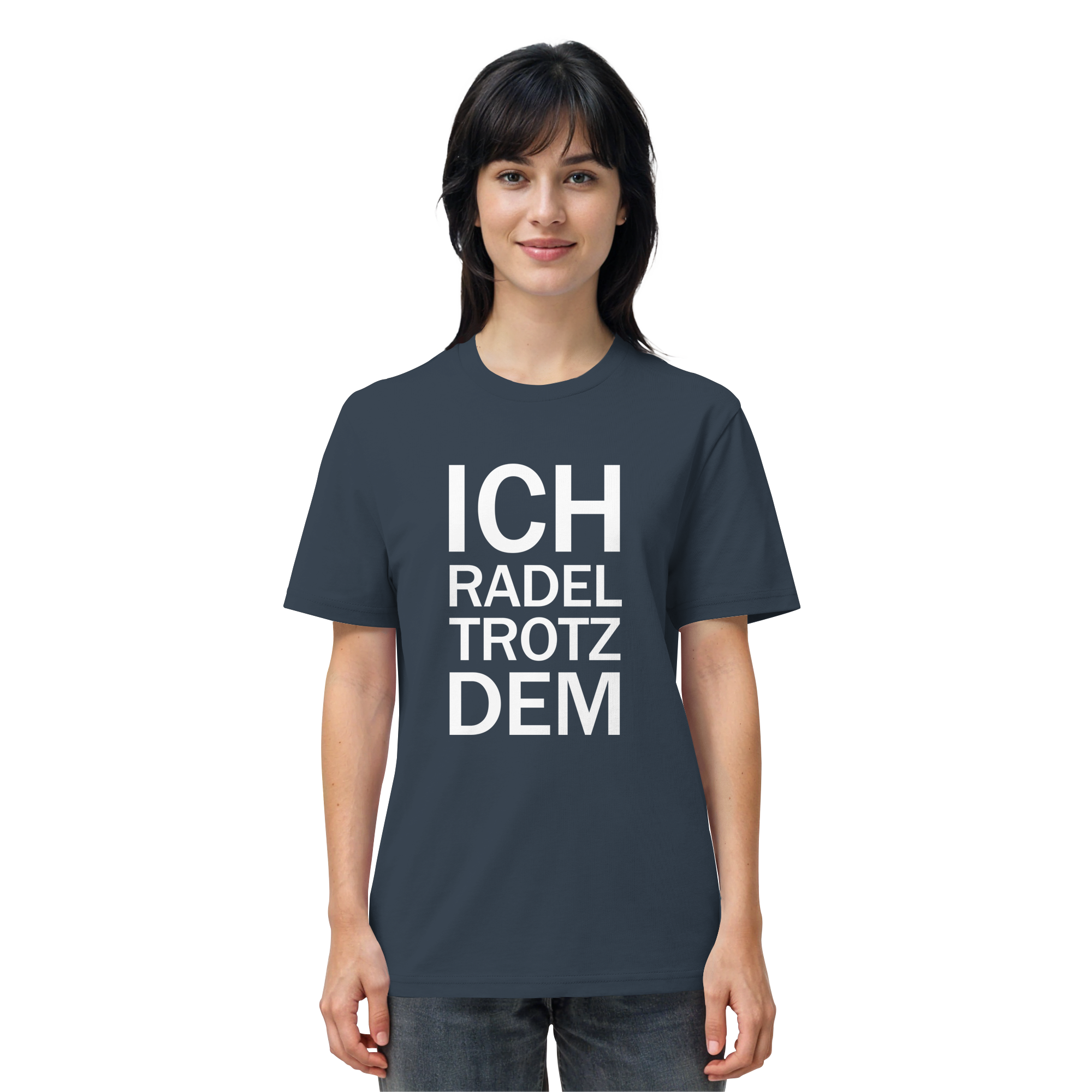 India Ink Grey Organic-Shirt mit dem weissen Aufdruck Ich radel trotzdem