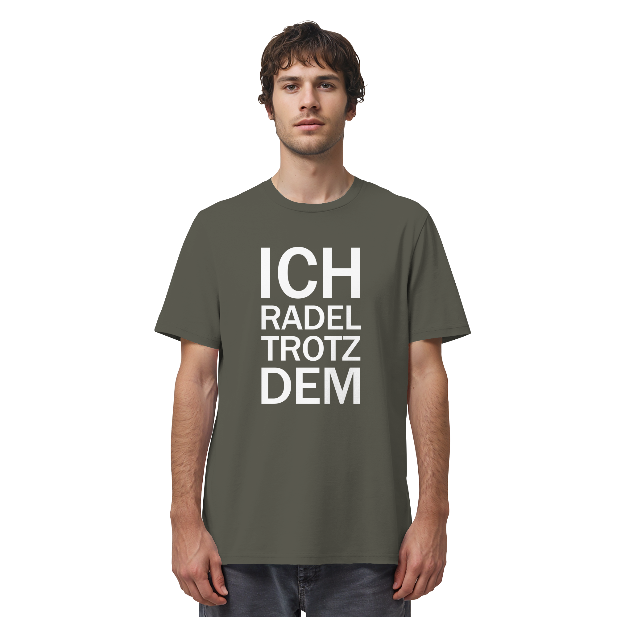 Khaki Organic-Shirt mit dem weissen Aufdruck Ich radel trotzdem