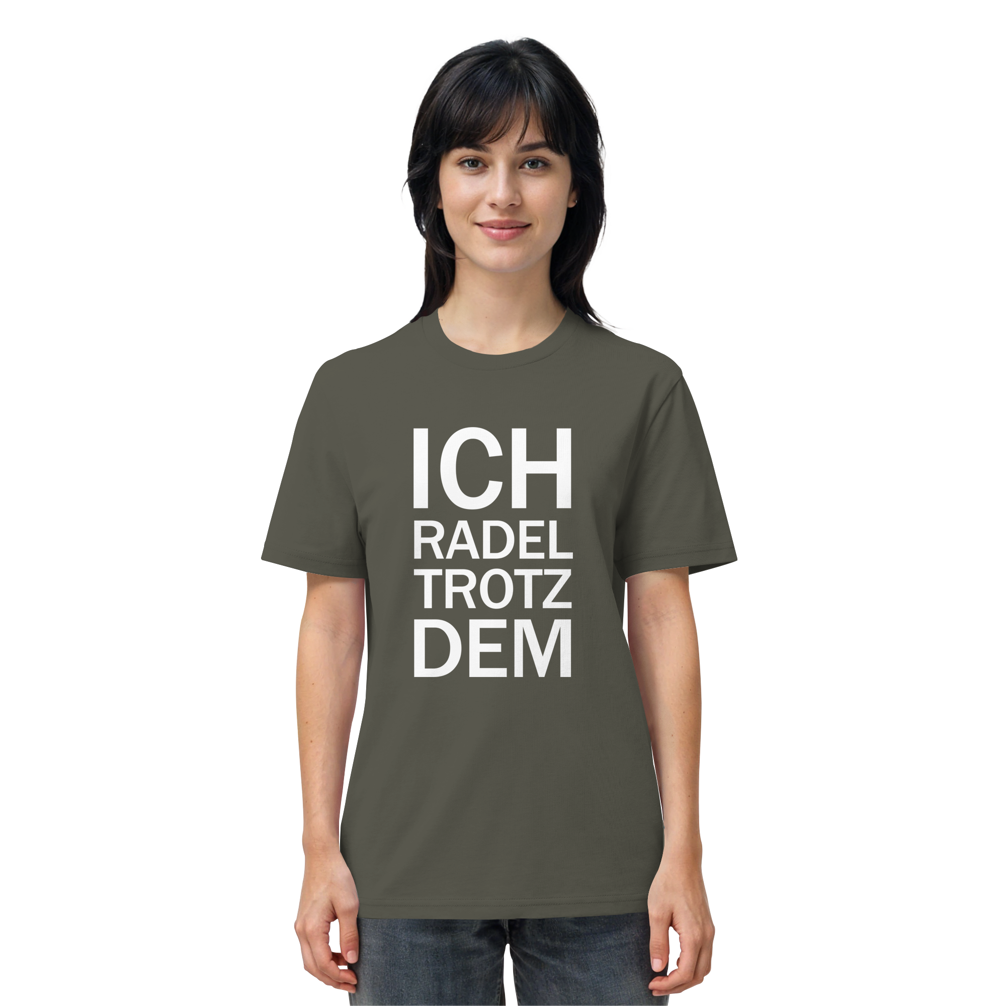 Khaki Organic-Shirt mit dem weissen Aufdruck Ich radel trotzdem