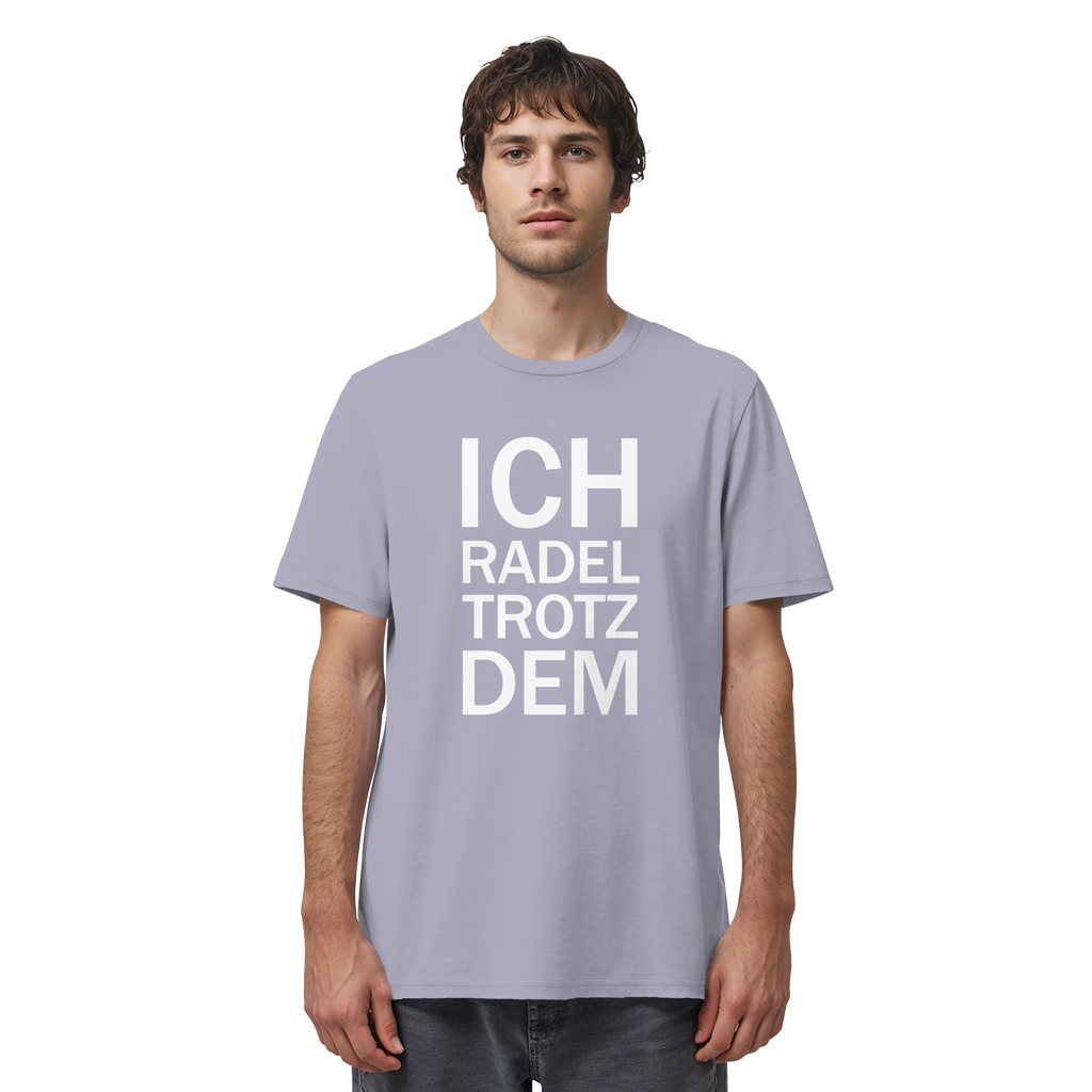 Lavender Organic-Shirt mit dem weissen Aufdruck Ich radel trotzdem