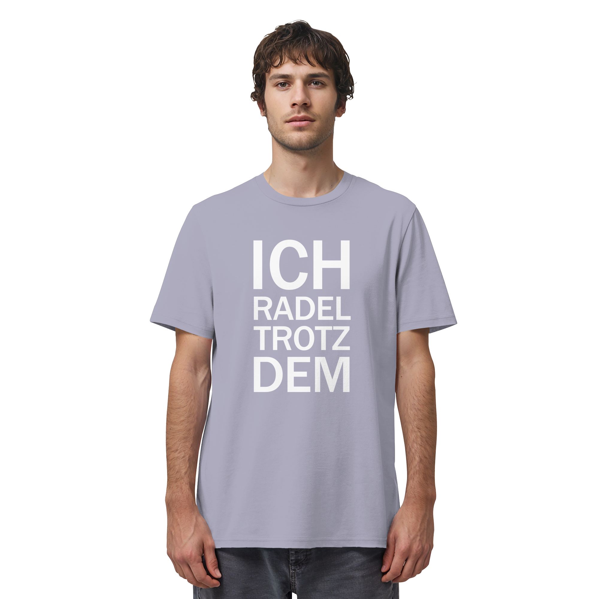 Lavender Organic-Shirt mit dem weissen Aufdruck Ich radel trotzdem