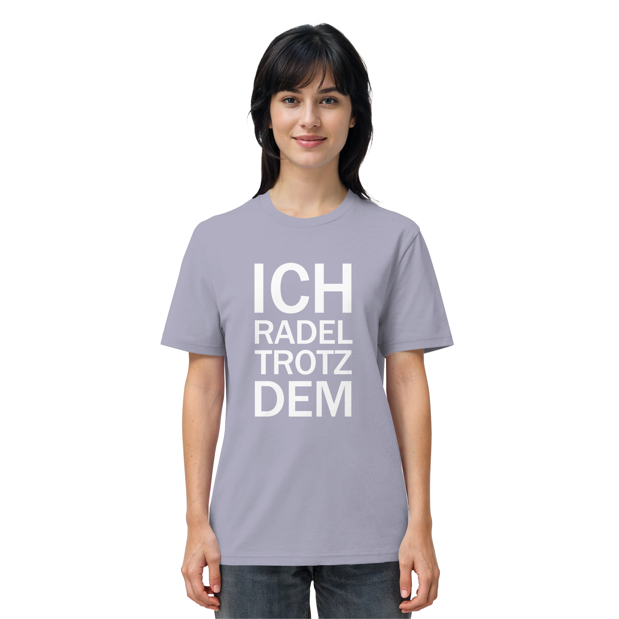 Lavender Organic-Shirt mit dem weissen Aufdruck Ich radel trotzdem