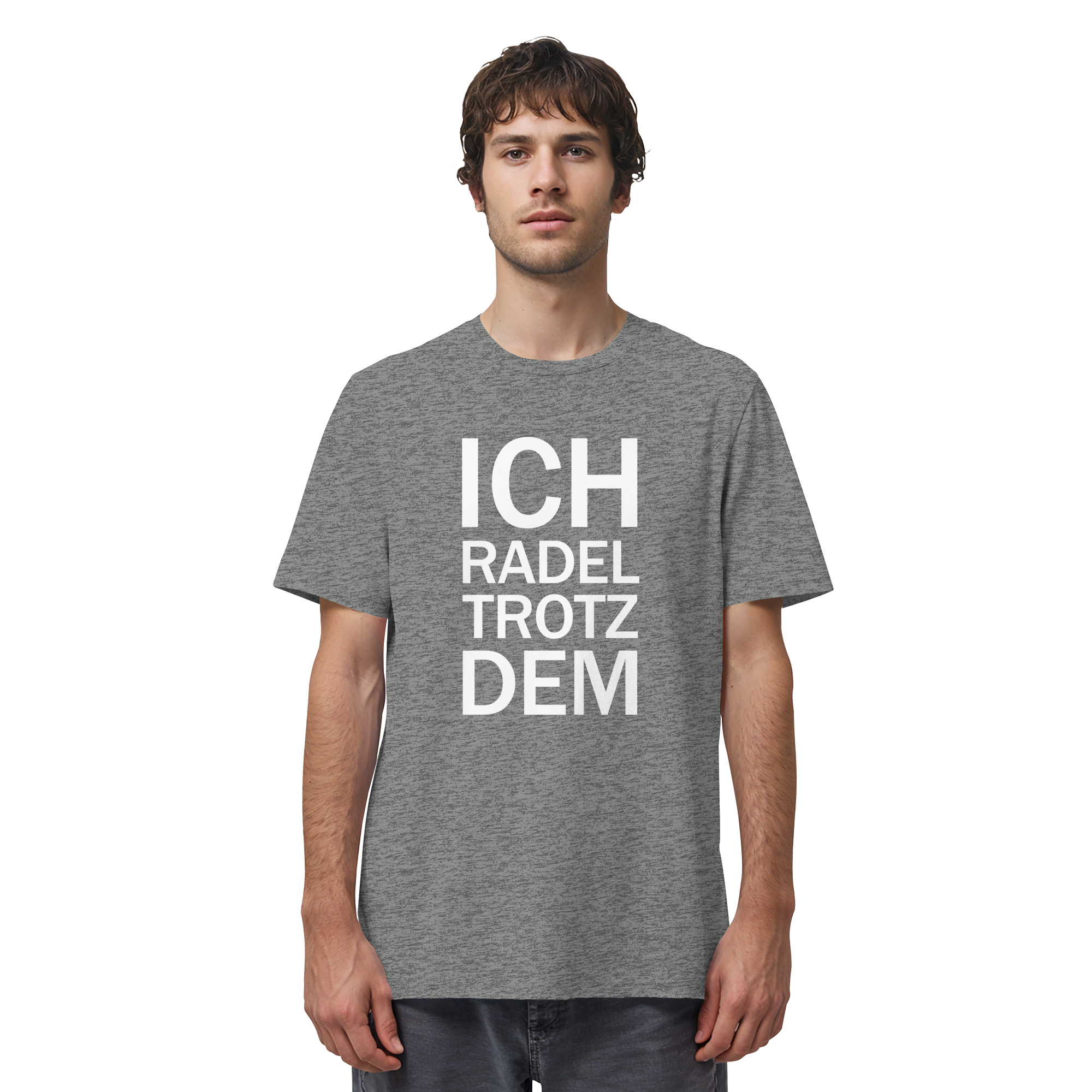 Mid Heather Grey Organic-Shirt mit dem weissen Aufdruck Ich radel trotzdem