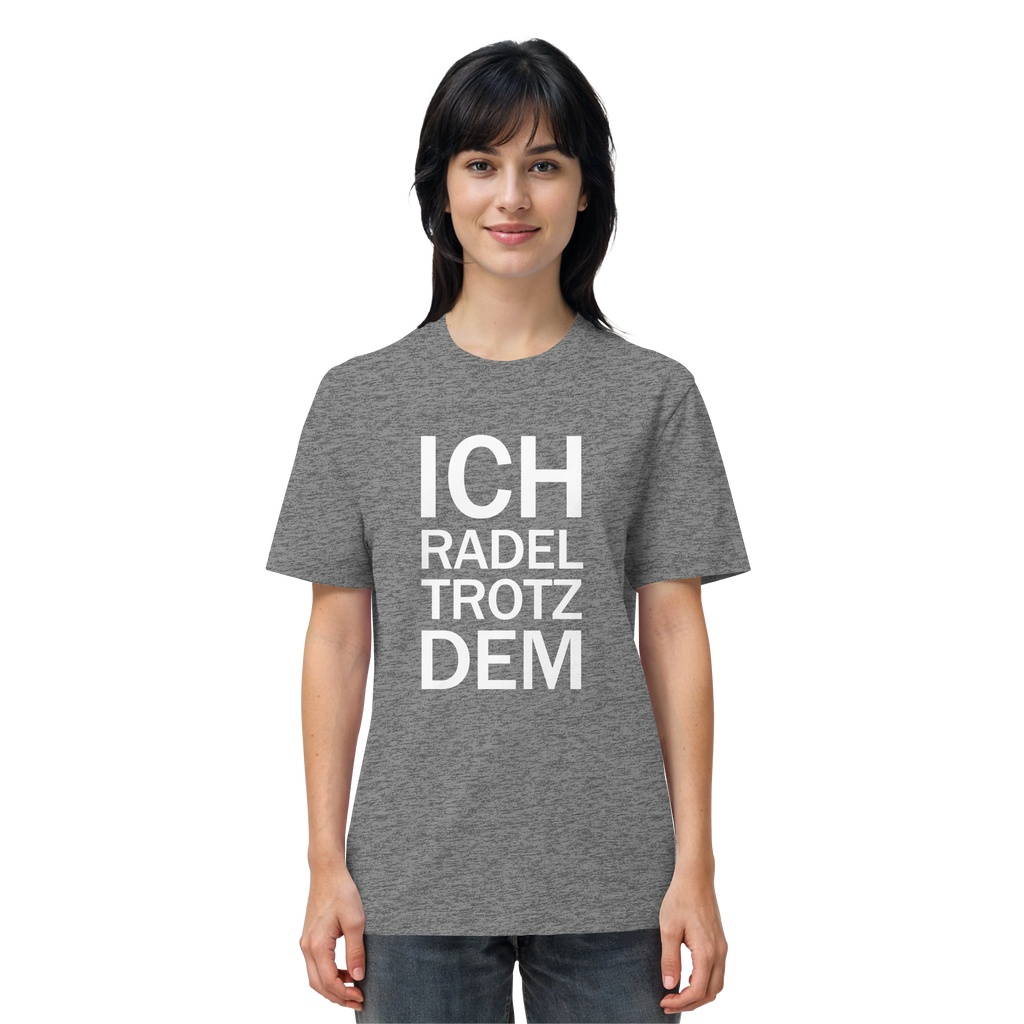 Mid Heather Grey Organic-Shirt mit dem weissen Aufdruck Ich radel trotzdem