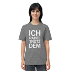 Mid Heather Grey Organic-Shirt mit dem weissen Aufdruck Ich radel trotzdem