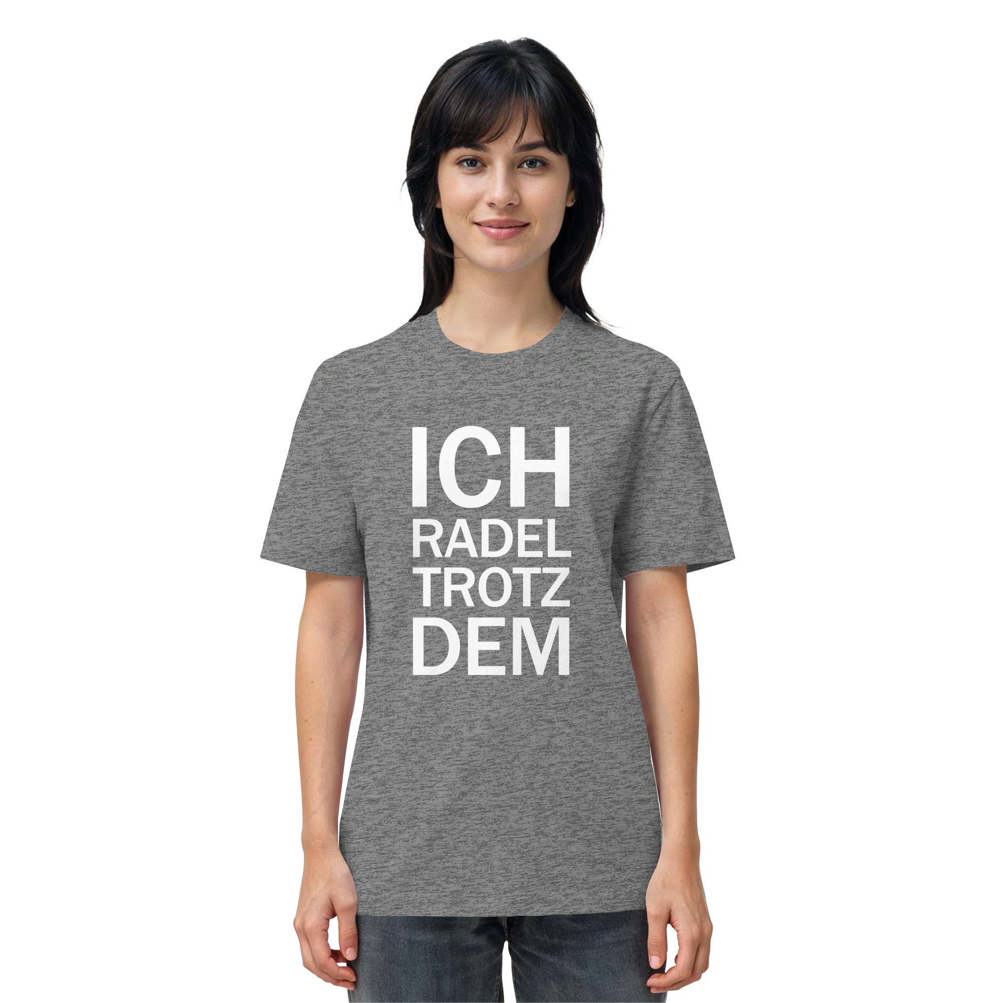 Mid Heather Grey Organic-Shirt mit dem weissen Aufdruck Ich radel trotzdem