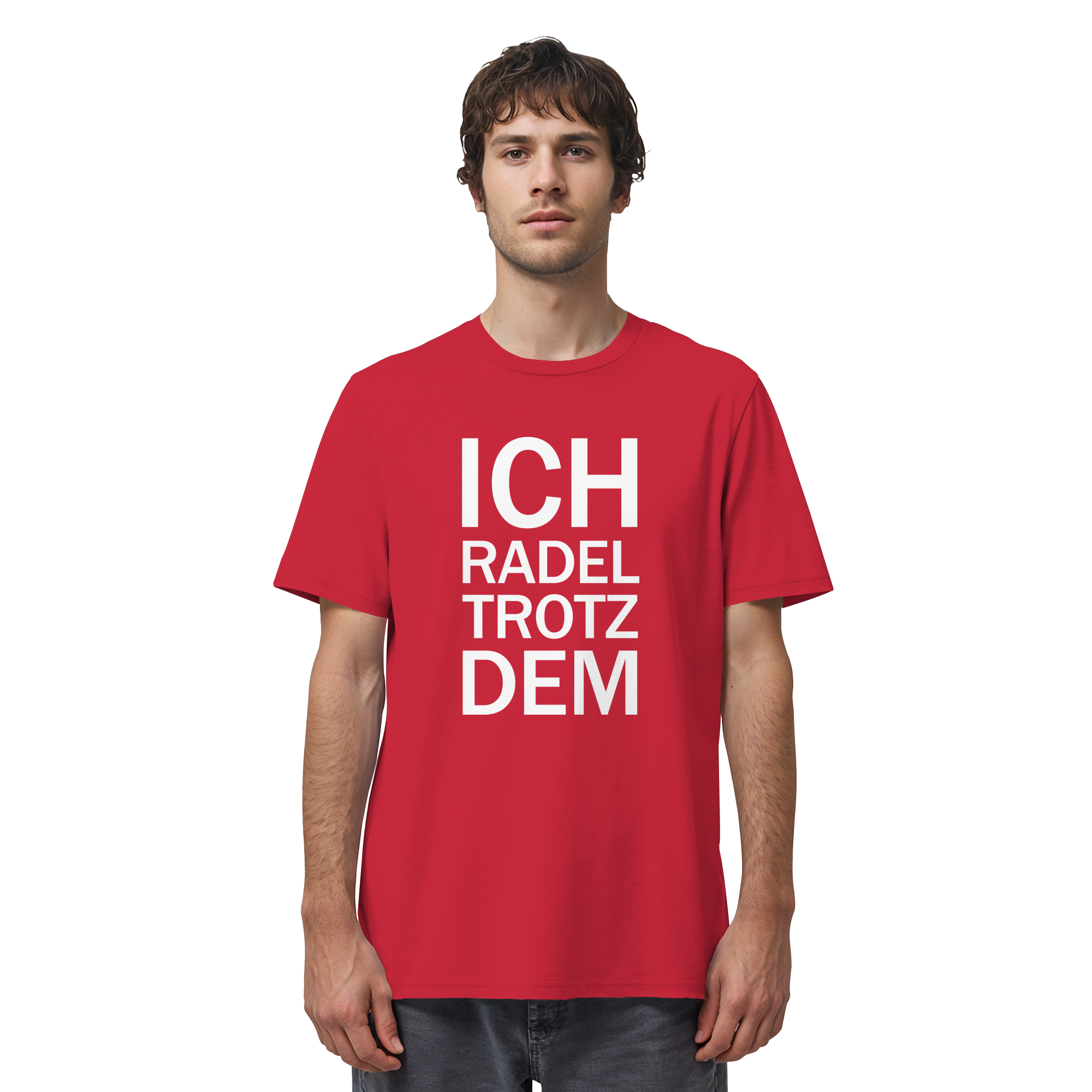 Red Organic-Shirt mit dem weissen Aufdruck Ich radel trotzdem